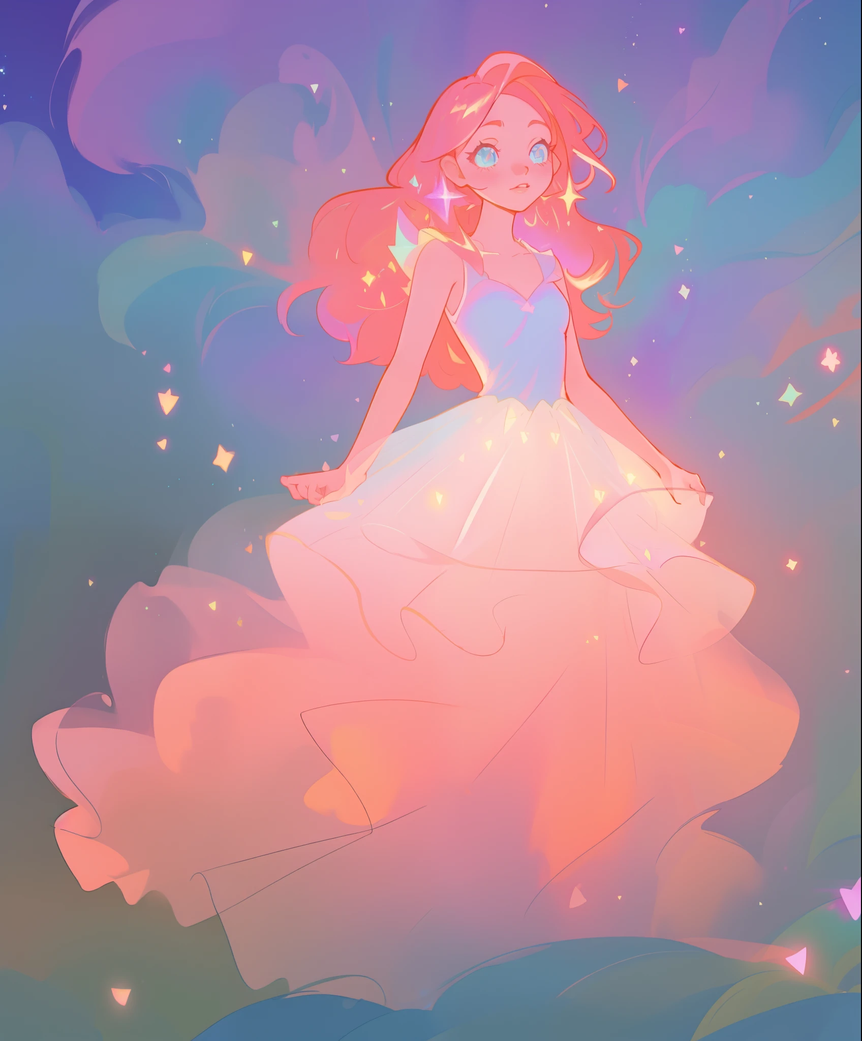 beautiful girl, ((puffy shimmering multi-layered ballgown)), vibrant pastel colors, (colorful), long flowing hair, magical lights, sparkling magical liquid, inspired by Glen Keane, inspired by Lois van Baarle, disney art style, by Lois van Baarle, glowing aura around her, by Glen Keane, jen bartel, glowing lights! digital painting, flowing glowing hair, glowing flowing hair, beautiful digital illustration, fantasia background, whimsical, magical, fantasy, ((masterpiece, best quality)), intricate details, highly detailed, sharp focus, 8k resolution, sparkling detailed eyes, liquid watercolor