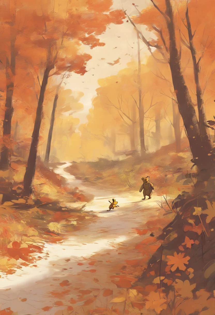 Winnie The Pooh, walking through a fall scene
