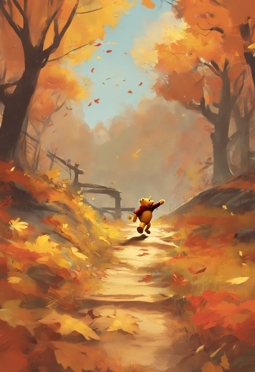 Winnie The Pooh, walking through a fall scene