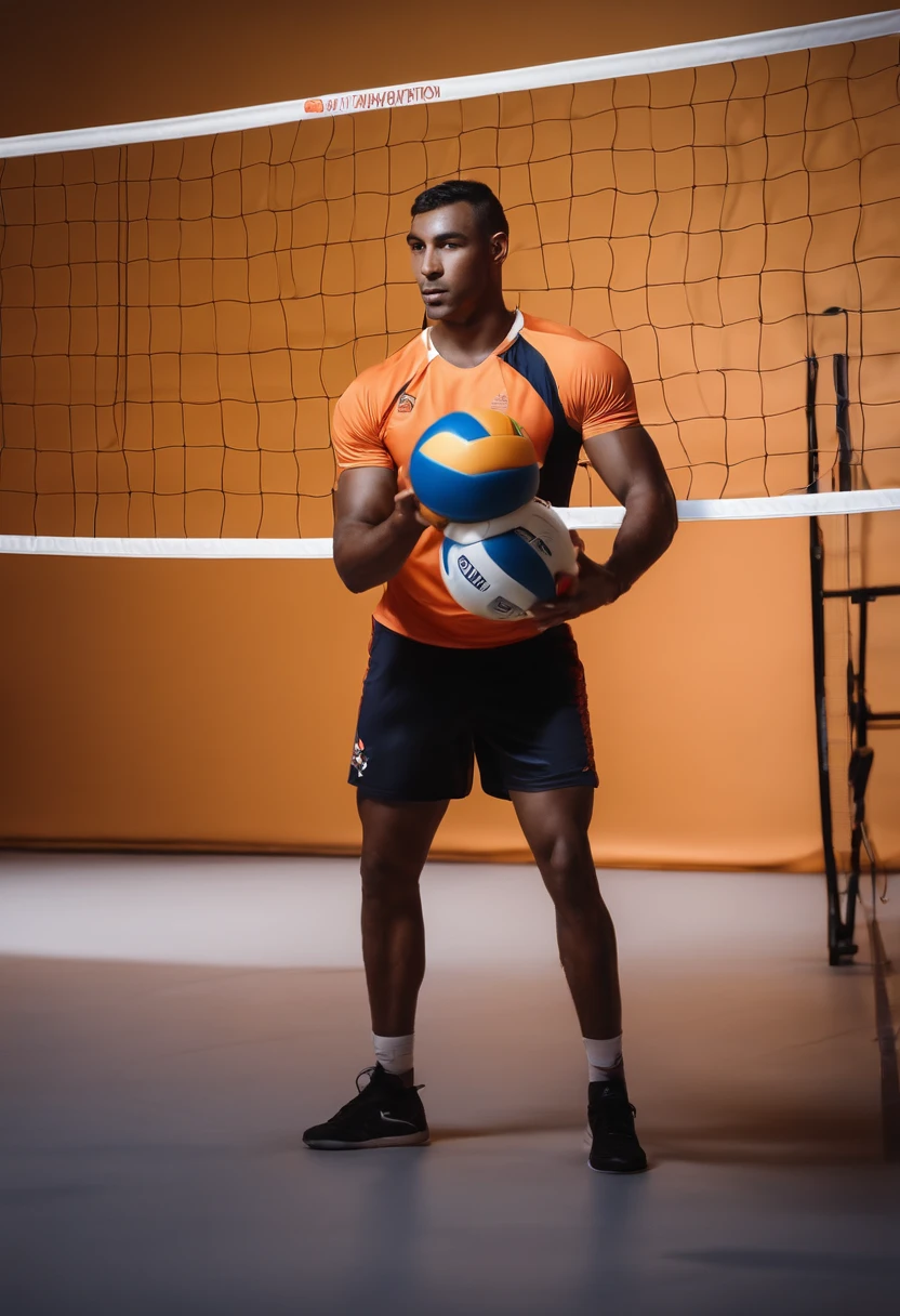 Man volleyball player, alto, magro, calvo, With a volleyball in his hands