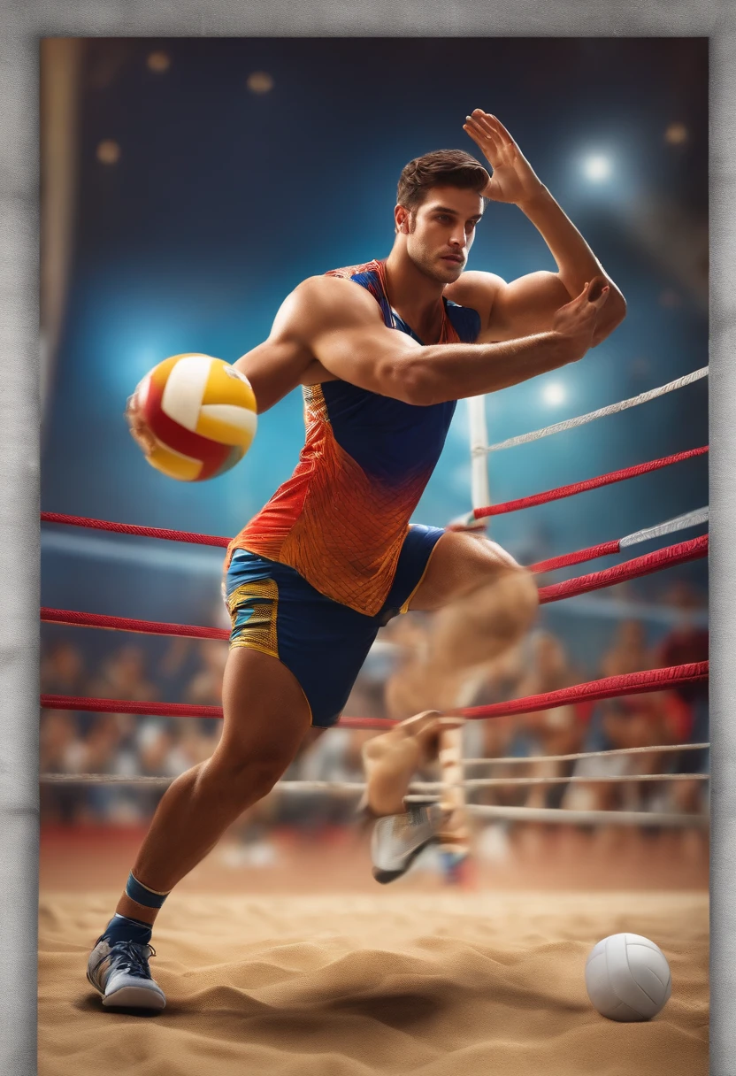 Man volleyball player, alto, magro, calvo, With a volleyball in his hands