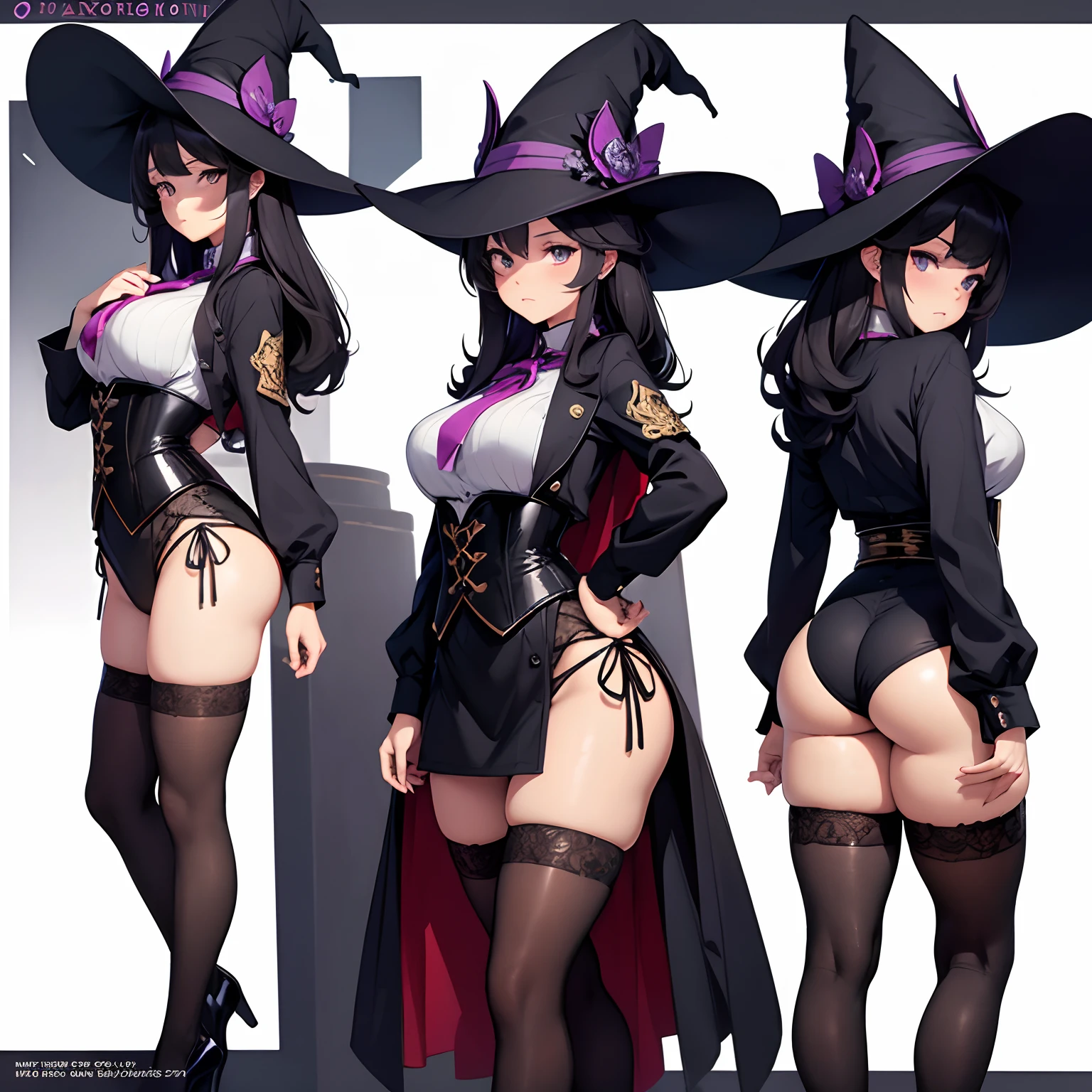 ((masterpiece)),(((best quality))),(character design sheet, same character, same outfit, front view, side view, back view), illustration, 1 girl, alone, beautiful girl, genshin impact style, full body, witch, purple witch costume, scholar mini skirt, scholar shirt, big witch hat, golden eyes, long black hair, medium breasts, corset, open legs, thick thighs, black tight thigh stockings, big butt.