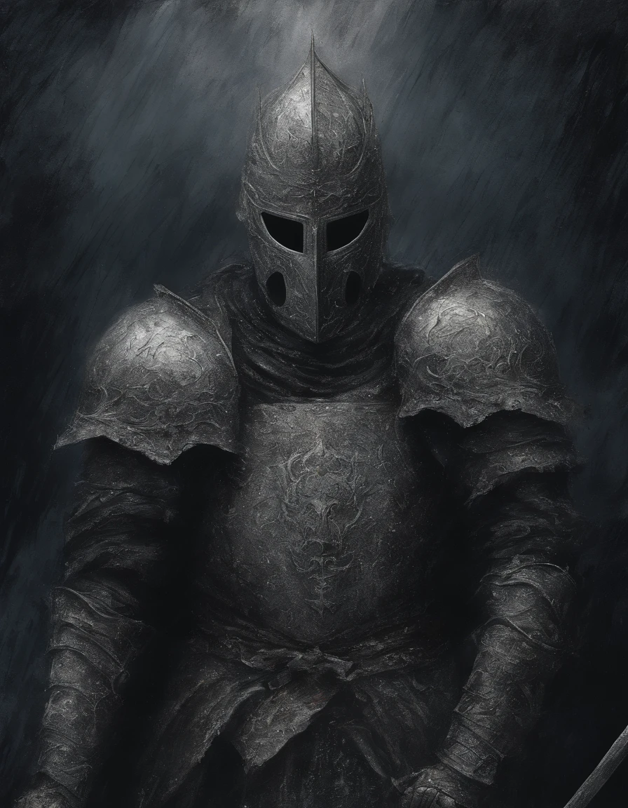 Create an impressionistic painting of a creepy warrior knight wearing a shimmering silver mask, nieve, Cosmic ash, Fuego, artistic, intrincado