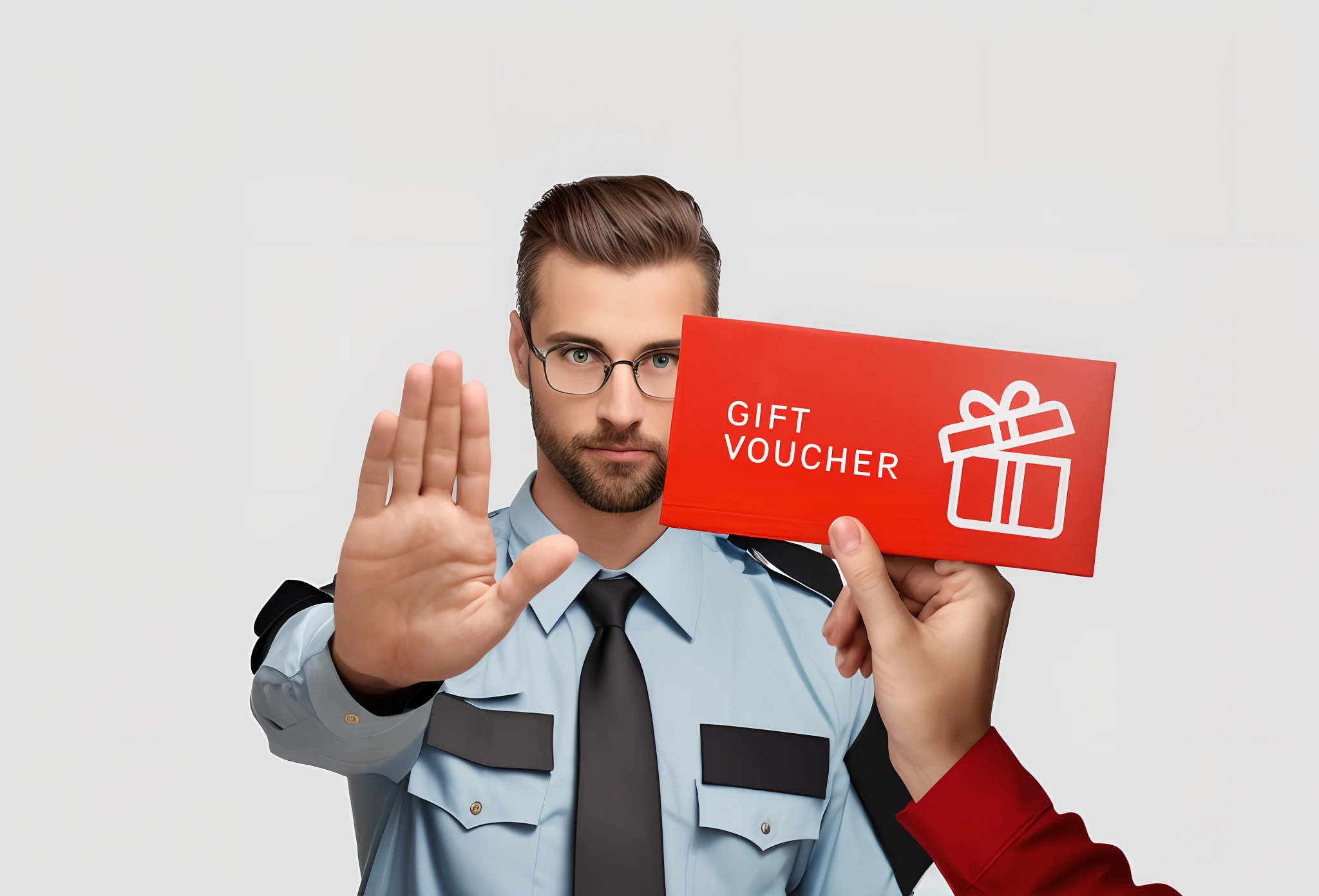 there is a man holding a gift voucherr in his hand, very professional, holiday season, giving gifts to people, promo image, shutterstock, professional, closeup photograph, wearing a police uniform, b, ad image, police officer, holiday, gifts, security agent, promotional, competition winning, officer, holding gift, professional shot, hr, edited, MASTERPIECE, FOCUS