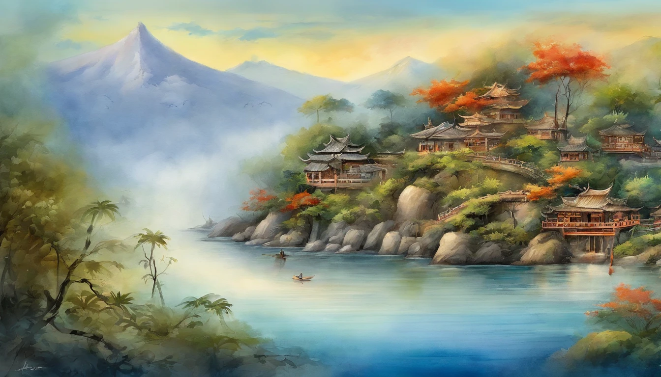 An ancient Japanese painting, ancient Japanese background, a seaside with coconut trees, exotic and tropical, fantasy and imaginary, anime style, sunshine, masterpieces, super detail, epic composition, ultra HD, high quality, extremely detailed, official art, unified 8k wallpaper, Super detail, 32k -- v 6 --auto --s2