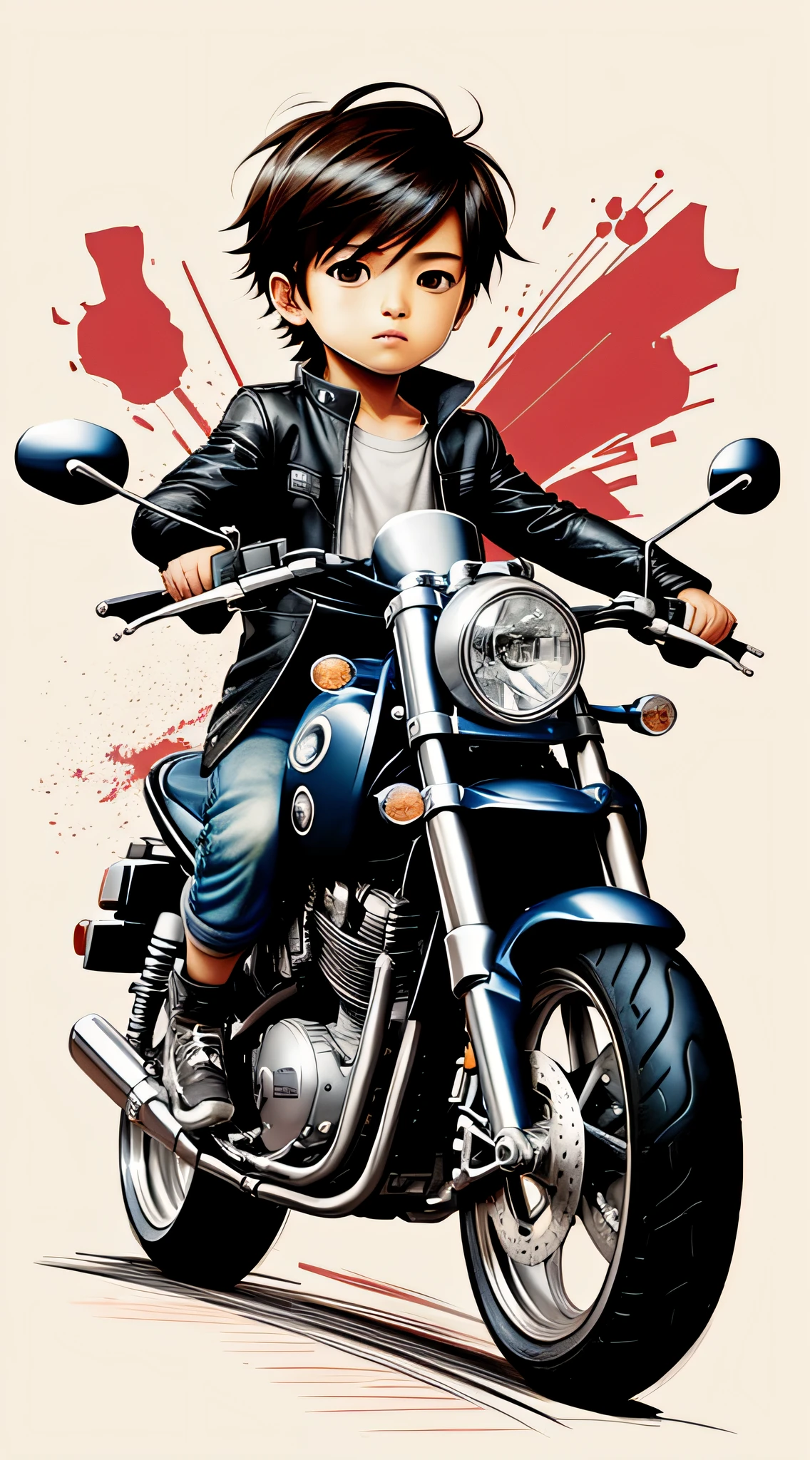 1 cute boy 5  driving motorcycle, Character, chibiStyle, Real, Naked boy art, color full, Explosion, Beautiful, Realistic, Masterpieces, Top quality, Best quality, offcial art, Beautiful and aesthetic, Charokar: 1.5, Sketch: 1.5, illustration painting, Manga, sketching, escala cinza, Final style: 0.5, street, Speed, Digital City, Wide-angle lens