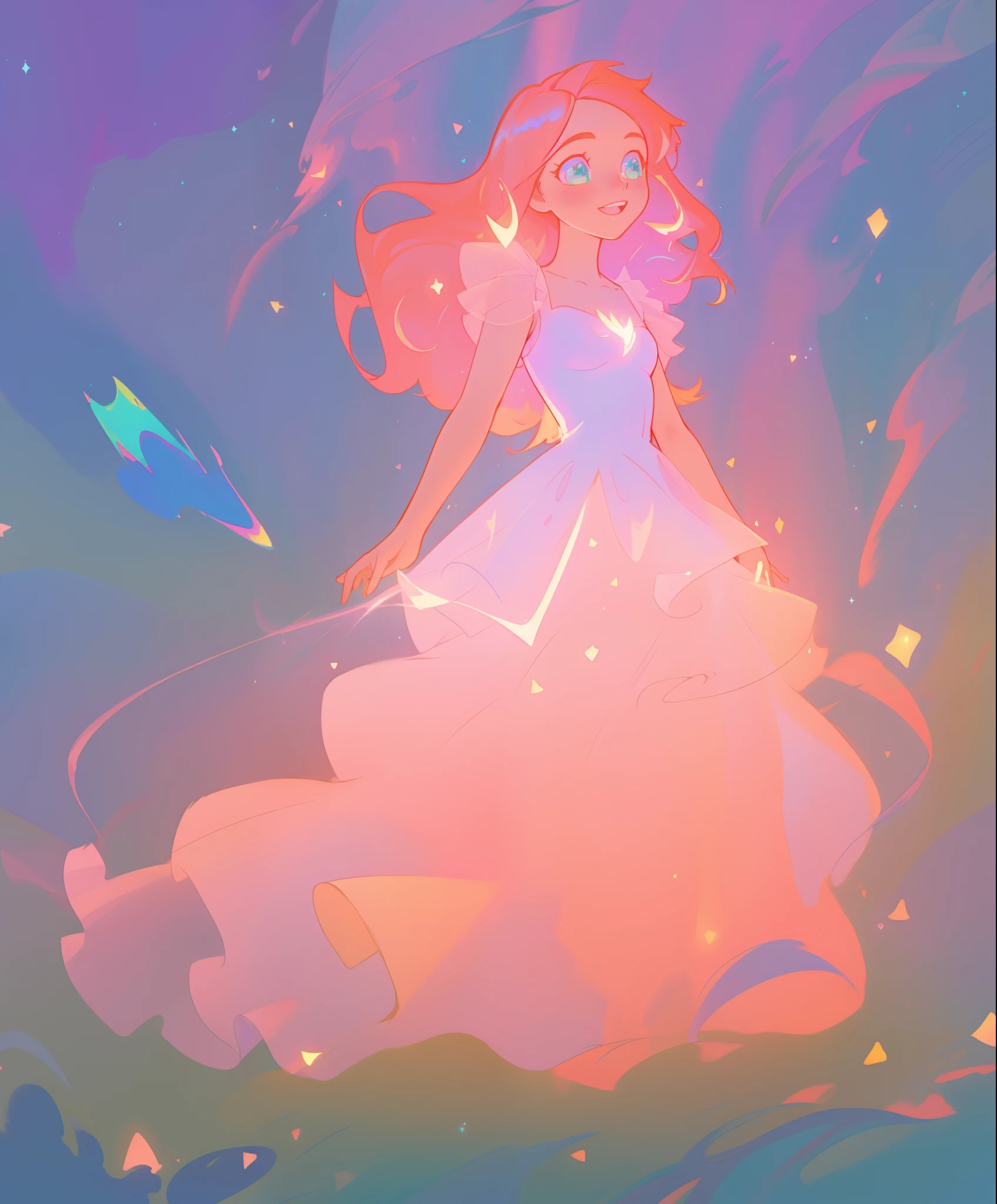 beautiful girl, ((puffy shimmering multi-layered ballgown)), vibrant pastel colors, (colorful), long flowing hair, magical lights, sparkling magical liquid, inspired by Glen Keane, inspired by Lois van Baarle, disney art style, by Lois van Baarle, glowing aura around her, by Glen Keane, jen bartel, glowing lights! digital painting, flowing glowing hair, glowing flowing hair, beautiful digital illustration, fantasia background, whimsical, magical, fantasy, ((masterpiece, best quality)), intricate details, highly detailed, sharp focus, 8k resolution, sparkling detailed eyes, liquid watercolor