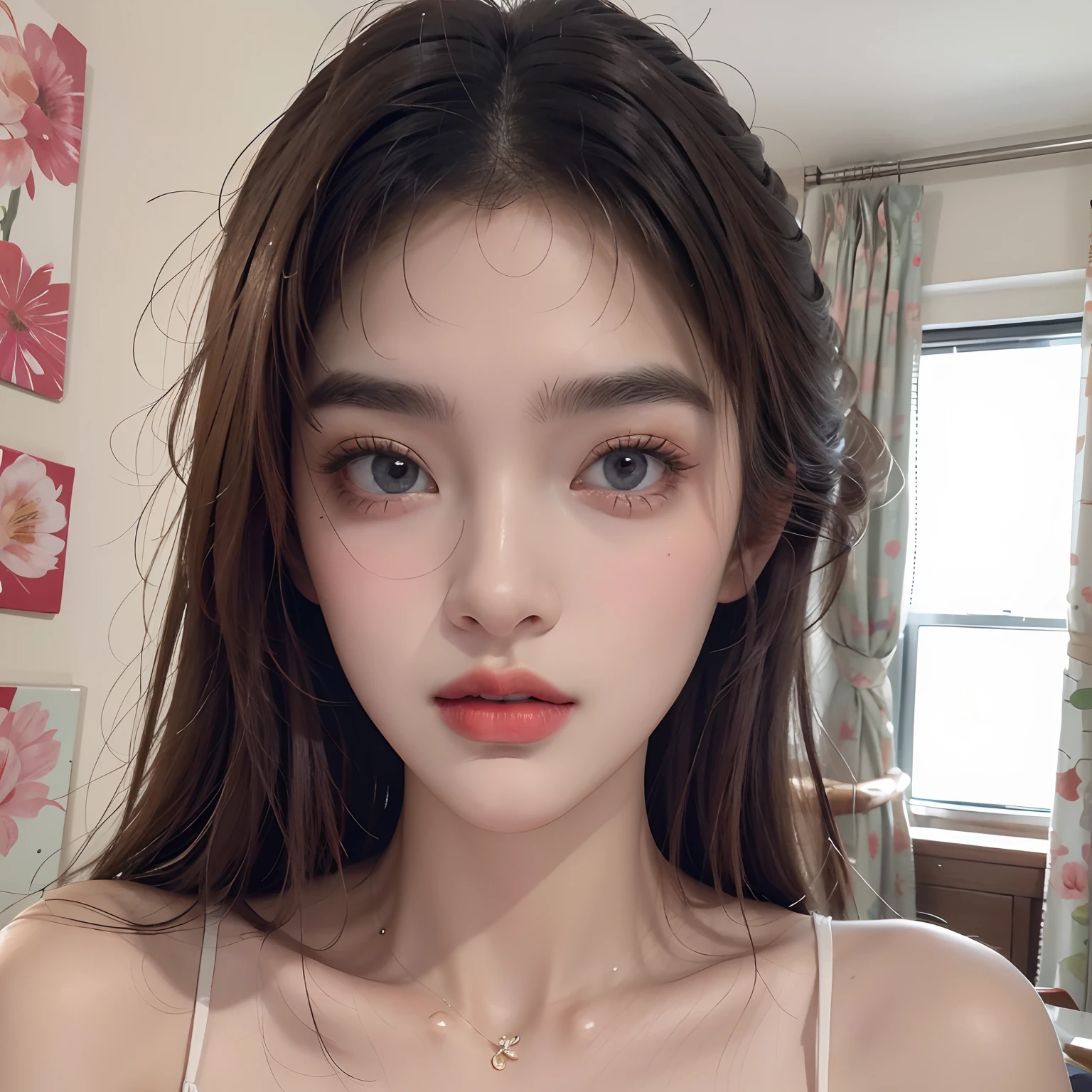 The beautiful woman is painting her lips with lipstick. Beautiful woman face, Fine details, High quality, High quality. Clear and authentic colors