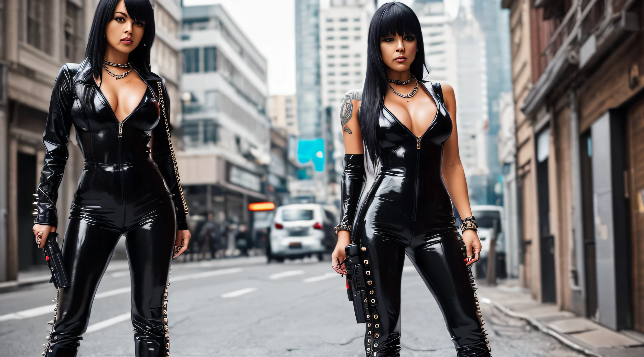 woman wearing black pvc low-cut catsuit high boots chains and spikes , using a gun , style cyberpunk neonpunk