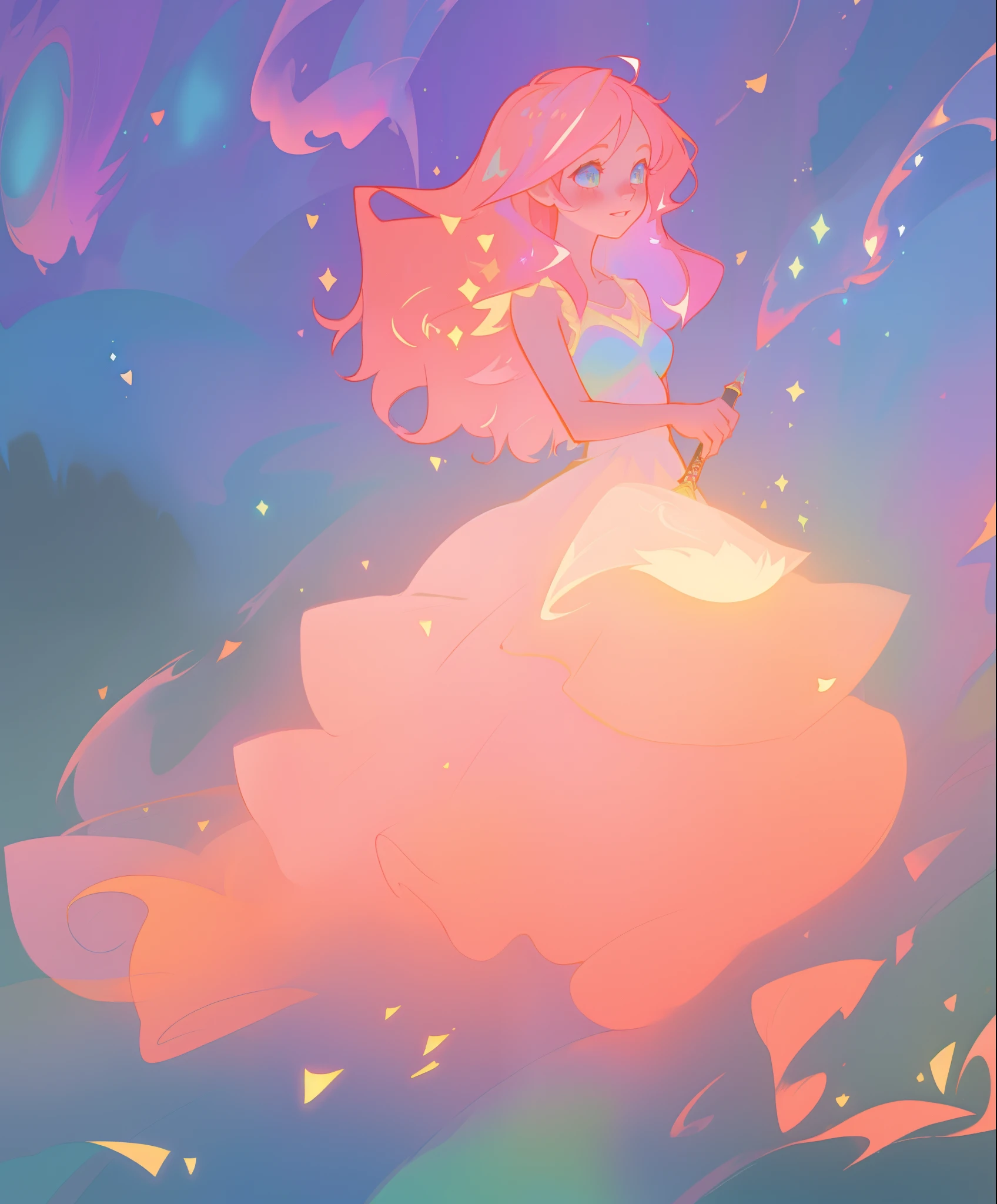 beautiful girl, ((puffy shimmering multi-layered ballgown)), vibrant pastel colors, (colorful), long flowing hair, magical lights, sparkling magical liquid, inspired by Glen Keane, inspired by Lois van Baarle, disney art style, by Lois van Baarle, glowing aura around her, by Glen Keane, jen bartel, glowing lights! digital painting, flowing glowing hair, glowing flowing hair, beautiful digital illustration, fantasia background, whimsical, magical, fantasy, ((masterpiece, best quality)), intricate details, highly detailed, sharp focus, 8k resolution, sparkling detailed eyes, liquid watercolor