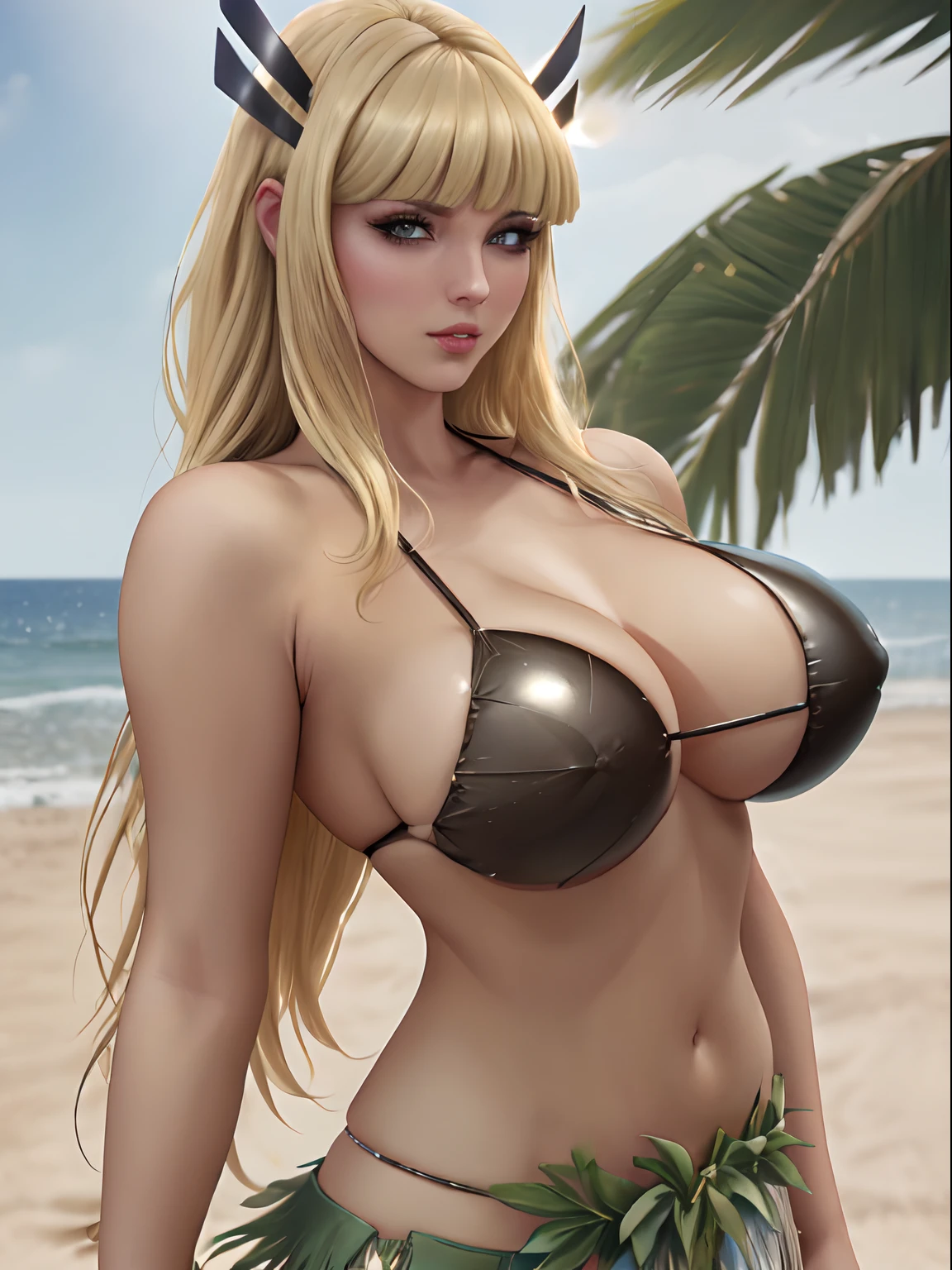 ((best quality)), ((masterpiece)), ((magik)), (seducing viewer), short, feminine, (petite, slim body), pale skin, glowing skin, shiny skin, detailed skin texture, beautiful face, 22 year-old Russian woman, (mature), ((big boobs)), small cheeks, long hair, (((blond hair), (absurdly long hair), fringe trim, neat fringe, shiny eyes, beautiful, bare shoulders, bare neck, bare arms, midriff)), ((bare arms)), ((bare sleeves)), bare sideboobs, (seductive pose), glossy lips, sexy, mascara, thick eyelashes, brilliant colors, 2k, 4k, 8k, high definition, ((((ultra realistic)))), ((((extremely detailed)))), (((beautifully detailed background))), intricate background, ((beach in the background, beach)), flirty eyes, cheeky at you, rim lighting, (high-resolution:1.2), perfect lighting, cinematic lighting, bokeh, light bloom, obese, round bikini top, (long green grass skirt), flower lei, vivid colors