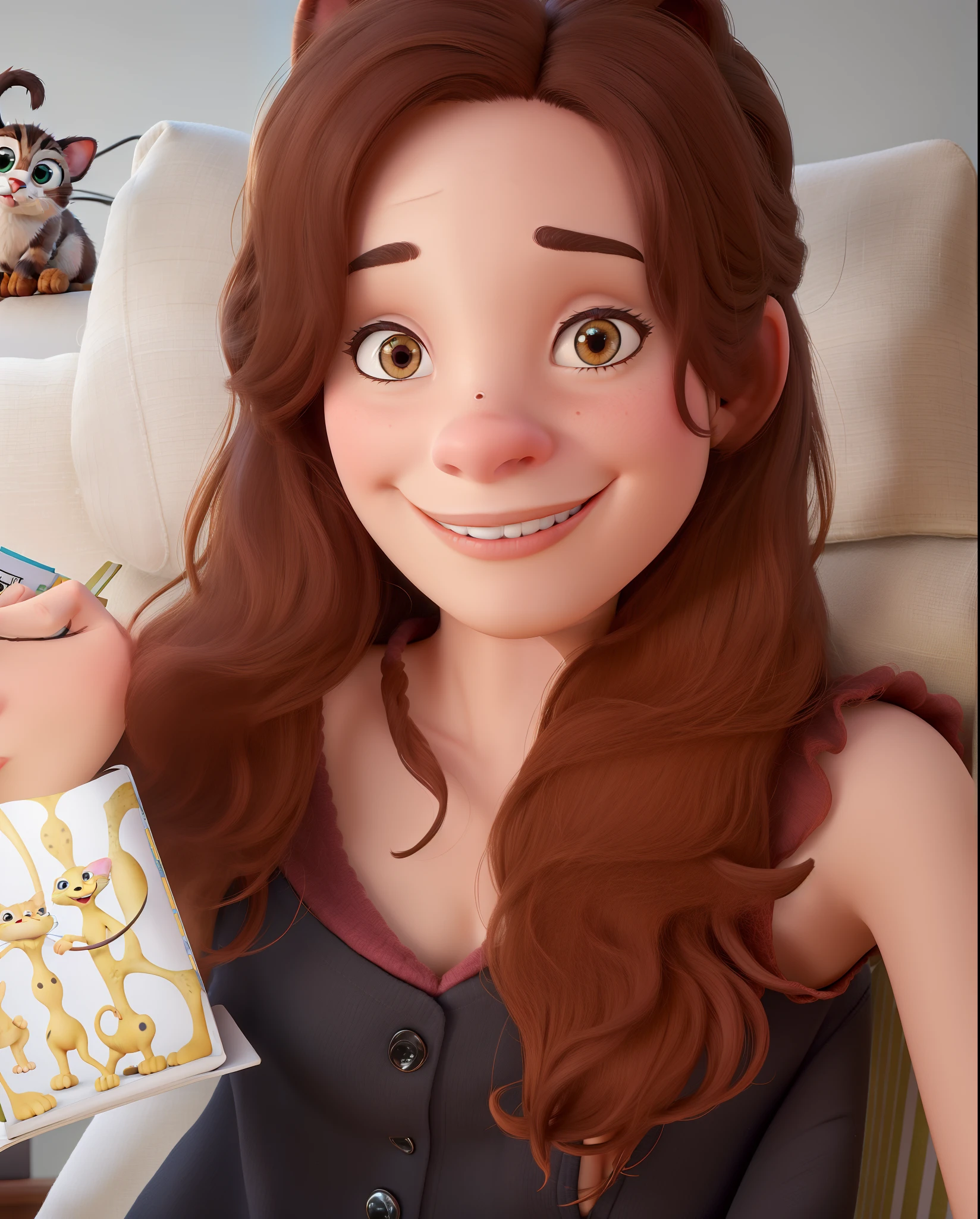 Crie uma personagem disney pixar. This is a 29-year-old woman who loves to read and drink coffee, She is left-handed and has a dark brown kitten.