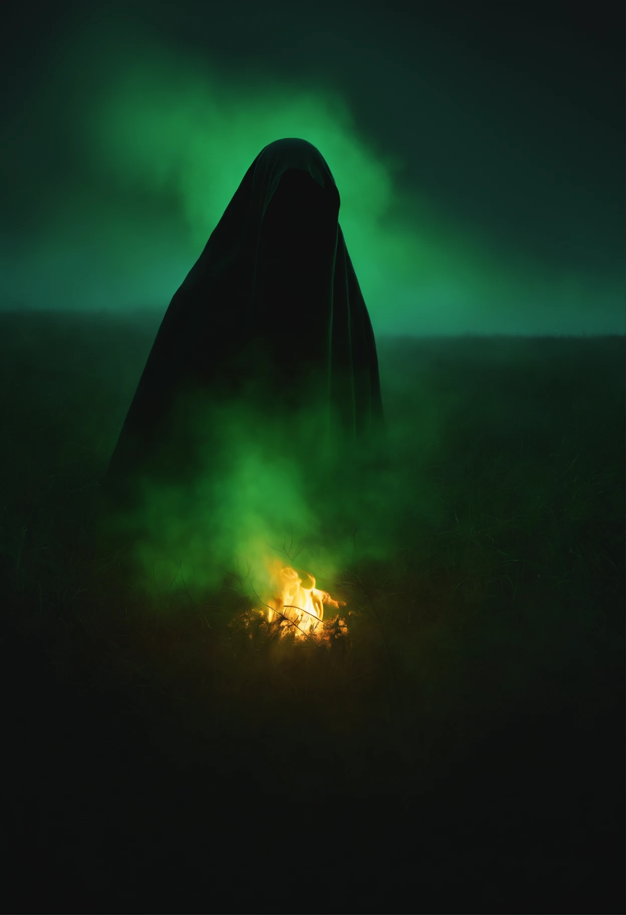 A dark ghost covered in a green mist hovering over a burning green flamed skull in a dark empty field