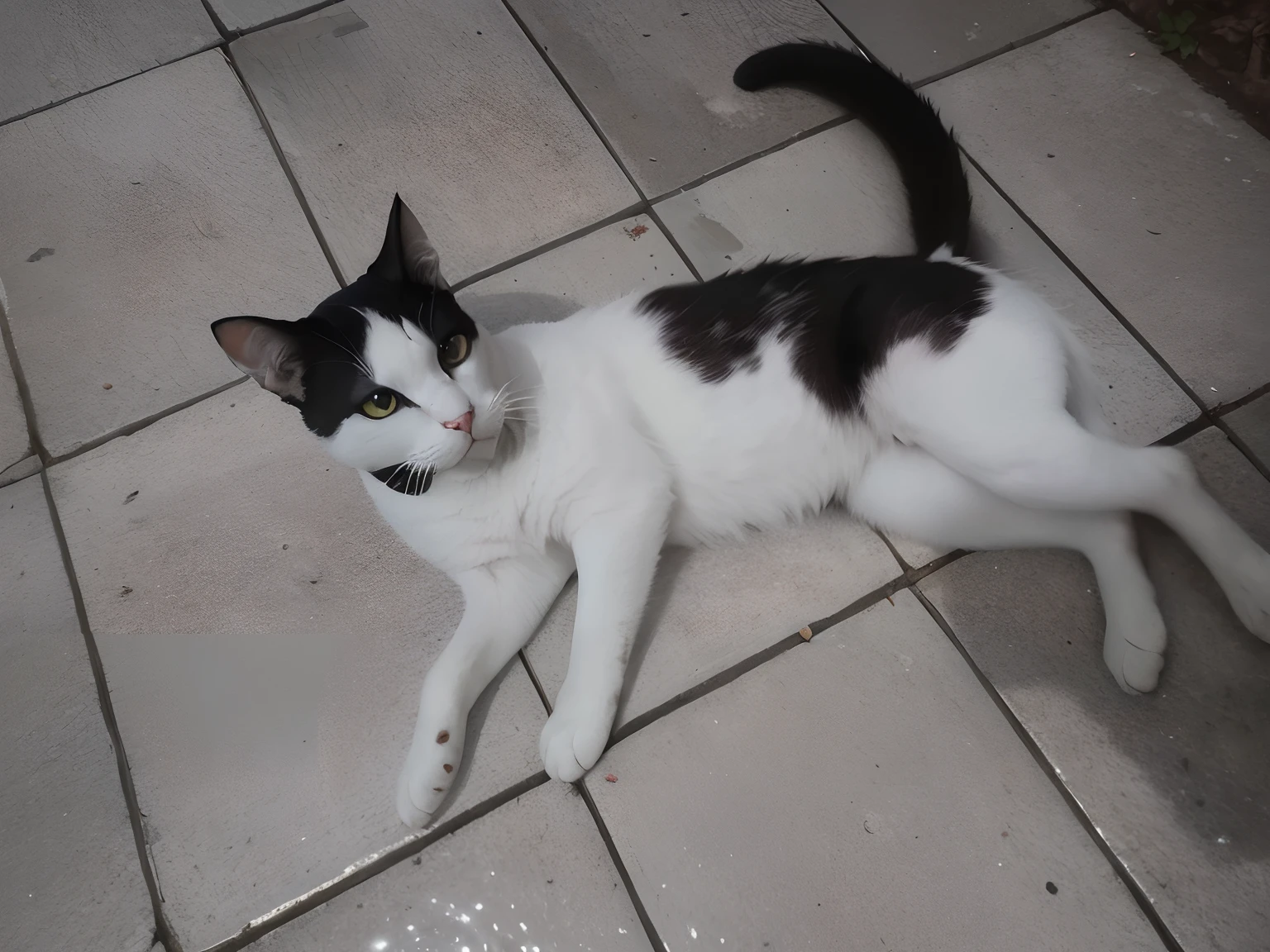 Um gato bonito preto e branco de olhos redondos, Lying under a tree, Small stream next door, Flores silvestres. There are houses in the distance