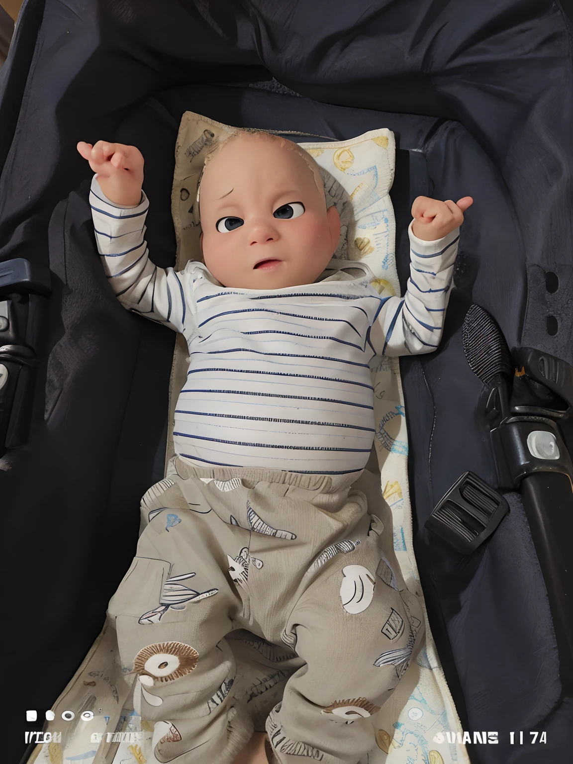Cute meino miniature (Toy Story), detalhado, estilo cbzbb, Trend in Arstation, arte digital, Cute and cute babyhos azuis, cabelos castanhos claros, na cadeirinha no carro