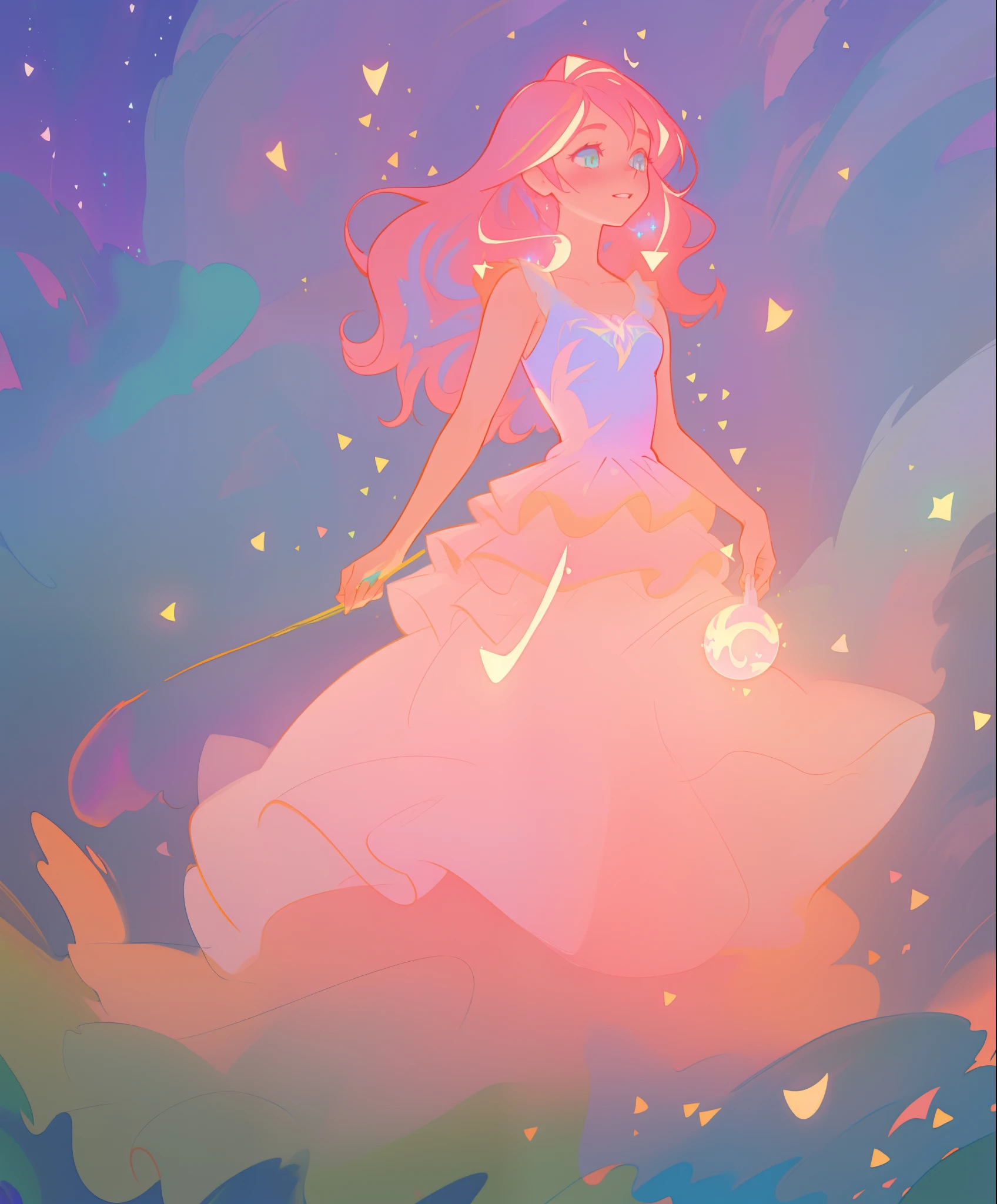 beautiful girl, ((puffy shimmering multi-layered ballgown)), vibrant pastel colors, (colorful), long flowing hair, magical lights, sparkling magical liquid, inspired by Glen Keane, inspired by Lois van Baarle, disney art style, by Lois van Baarle, glowing aura around her, by Glen Keane, jen bartel, glowing lights! digital painting, flowing glowing hair, glowing flowing hair, beautiful digital illustration, fantasia background, whimsical, magical, fantasy, ((masterpiece, best quality)), intricate details, highly detailed, sharp focus, 8k resolution, sparkling detailed eyes, liquid watercolor