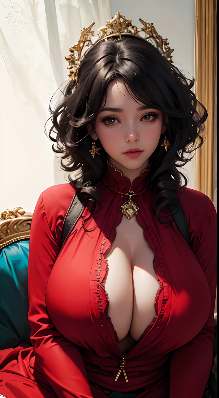 full bloom, Lens reflection, (8K, primitive, professional, Best quality, Masterpiece: 1.2), (Realistic, Photorealistic: 1.37), Ultra-detailed, (Wide-angle 25mm portrait), (most detailed skin: 1.2), Very detailed face, Cinematic lighting, 1girll, Curly black hair, (ventania), Stand on the couch, Dark light, Looking at the camera,((huge tit，gigantic cleavage breasts)), red blouse