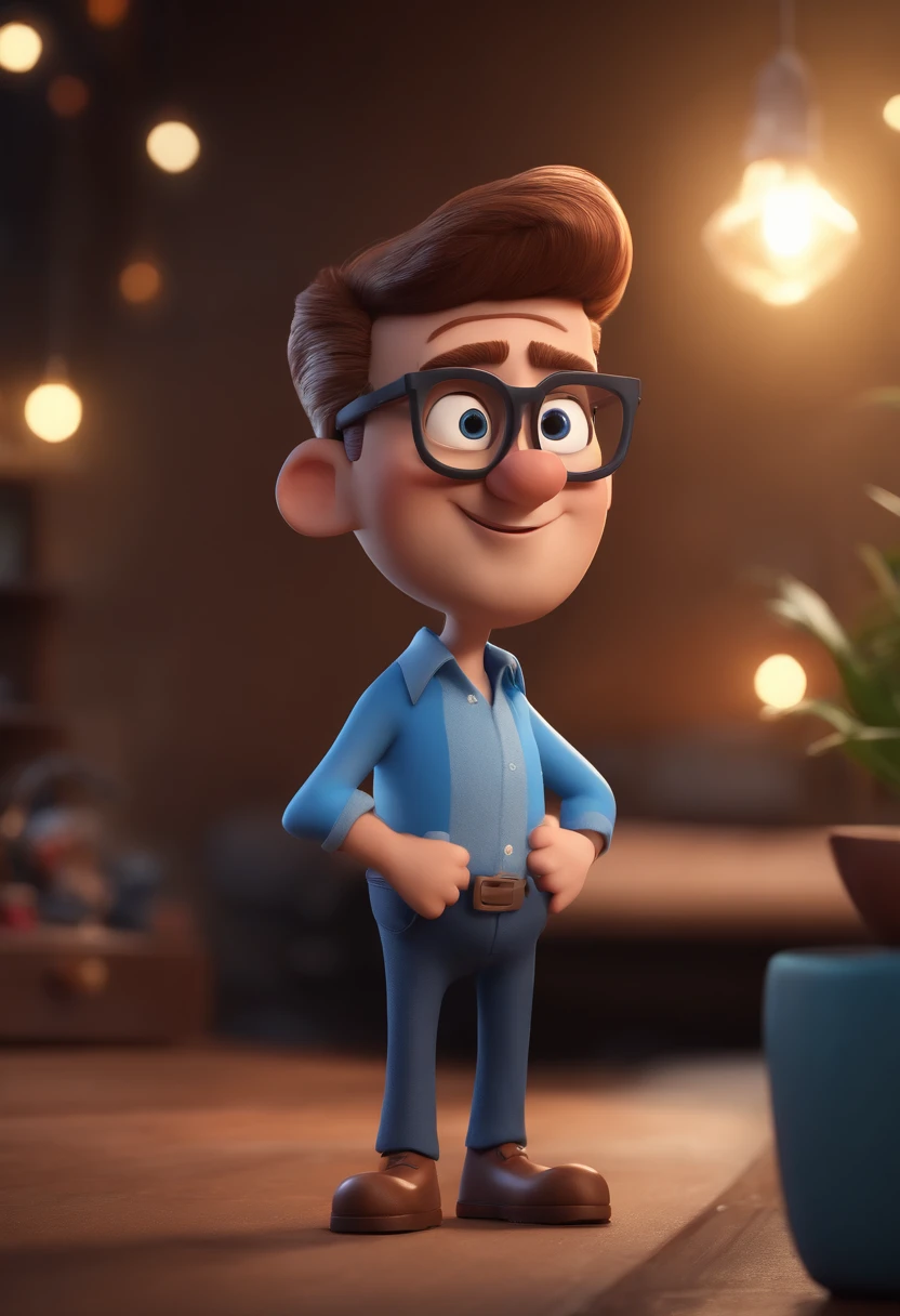 Cartoon character of a man with black glasses and a blue shirt, animation character, Caractere estilizado, animation style rendering, 3D estilizado, Arnold Maya render, 3 d render stylized, toon render keyshot, Personagem 3D, Personagem 3D, 3d rendering stylized, 3 d character render, personagem de desenho animado, Personagem de close up, Pose de personagem,  (Estilo Pixar) (master part:1.2) (Bokeh) (best quality) (pele detalhada) (textura detalhada) (8k) (argila) (Cinematic lighting) (foco nítido