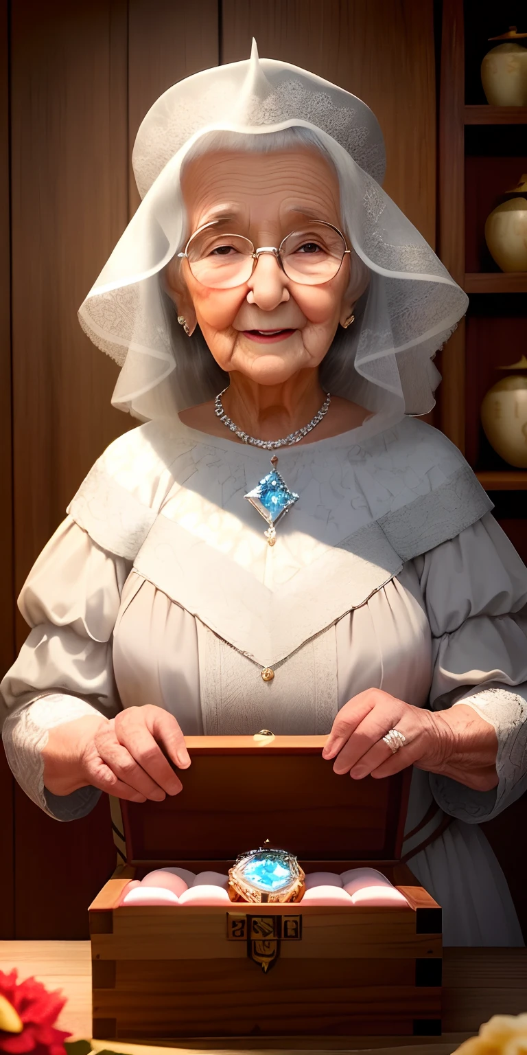 She carefully opened the wooden box and revealed the radiant diamonds to her grandmother, que estava sentada em sua poltrona favorita ao lado da lareira.