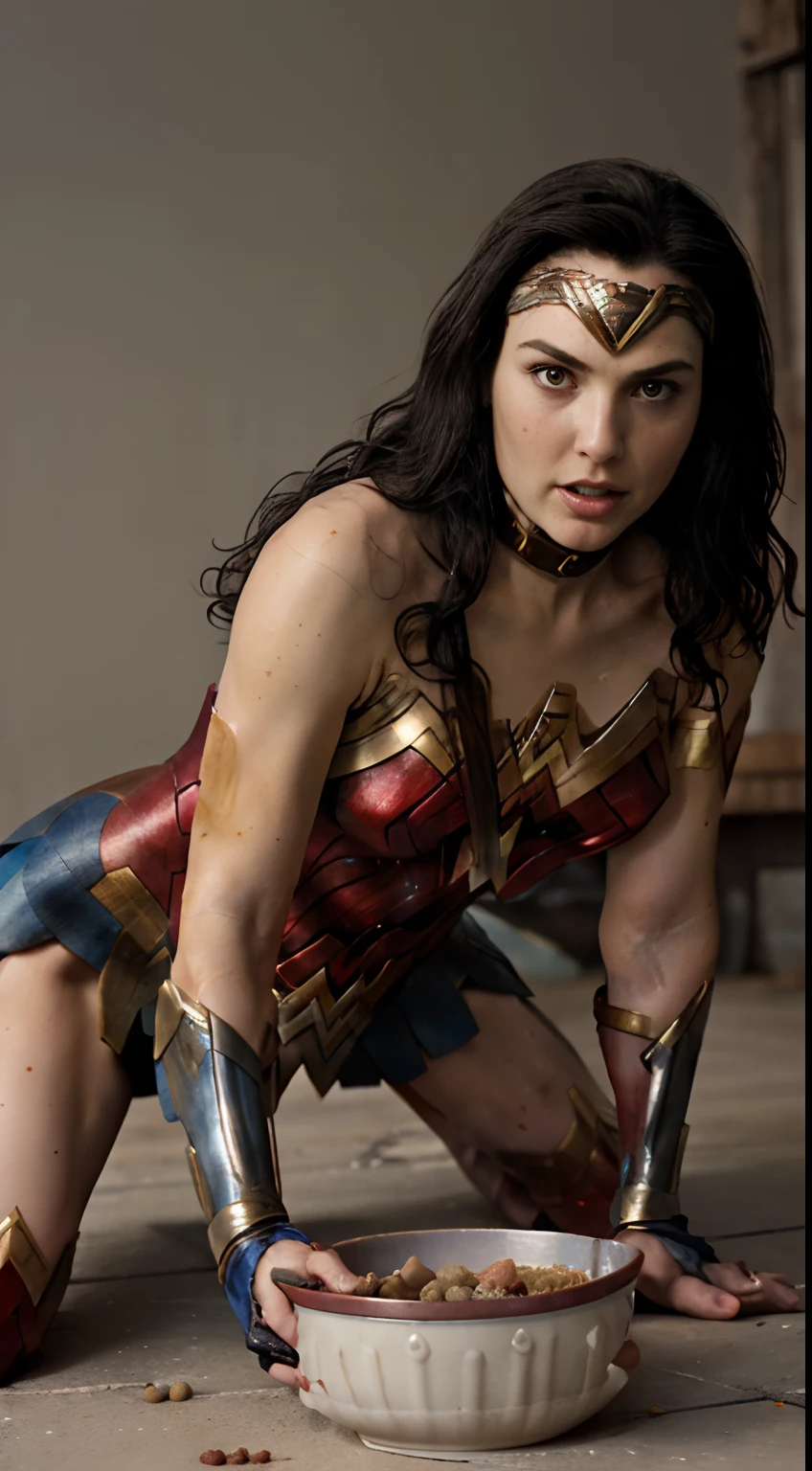 GalGadot as Wonder Woman, sitting squatting view angle, underneath view angle 