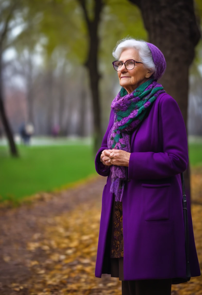 masterpiece, best quality, an old woman with glasses and a scarf on, wearing a purple coat and green scarf, standing at the park