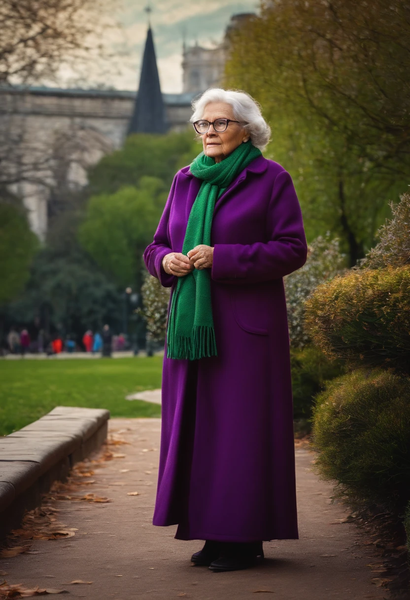 masterpiece, best quality, an old woman with glasses and a scarf on, wearing a purple coat and green scarf, standing at the park