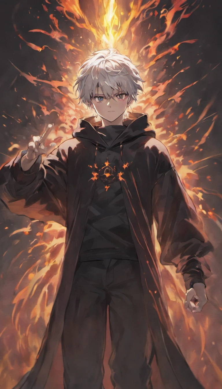 a white-haired, black-eyed man in a black hoodie, surrounded in a billowing black aura, black aura behind him, detailed digital anime art, engulfed by darkness, anti-spell magic, handsome guy in black clover art, short hair, by Yang J, completely composed of darkness, hair made of shadow, Asta from black clover, no warm colors, holding his black great sword