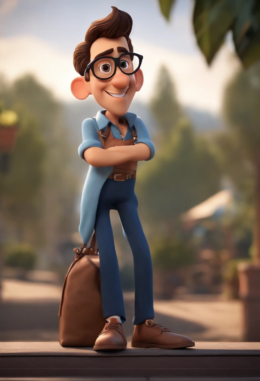 Cartoon character of a man with black color prescription glasses, meia idade, camisa azul clara manga longa, navy blue social pants, sapato social preto, animation character, Caractere estilizado, animation style rendering, 3D estilizado, Arnold Maya render, 3 d render stylized, toon render keyshot, Personagem 3D, Personagem 3D, 3d rendering stylized, 3 d character render, personagem de desenho animado, Personagem de close up, Pose de personagem, (Estilo Pixar) (master part:1.2) (Bokeh) (best quality) (pele detalhada) (textura detalhada) (8k) (argila) (Cinematic lighting) (foco nítido