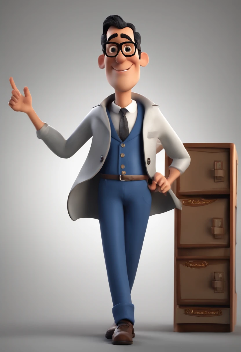 Cartoon character of a man with black color prescription glasses, meia idade, camisa azul clara manga longa, navy blue social pants, sapato social preto, animation character, Caractere estilizado, animation style rendering, 3D estilizado, Arnold Maya render, 3 d render stylized, toon render keyshot, Personagem 3D, Personagem 3D, 3d rendering stylized, 3 d character render, personagem de desenho animado, Personagem de close up, Pose de personagem,  (Estilo Pixar) (master part:1.2) (Bokeh) (best quality) (pele detalhada) (textura detalhada) (8k) (argila) (Cinematic lighting) (foco nítido