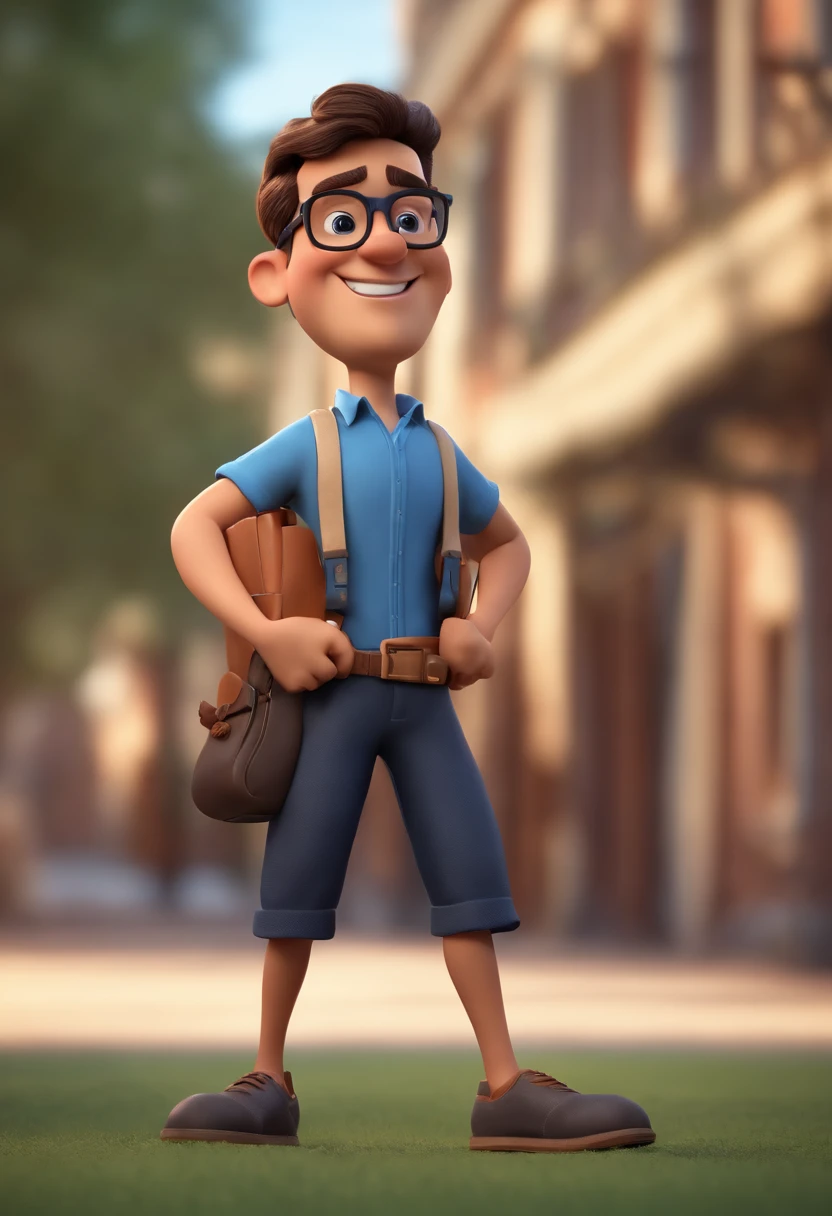 Cartoon character of a man with black color prescription glasses, meia idade, camisa azul clara manga longa, navy blue social pants, sapato social preto, animation character, Caractere estilizado, animation style rendering, 3D estilizado, Arnold Maya render, 3 d render stylized, toon render keyshot, Personagem 3D, Personagem 3D, 3d rendering stylized, 3 d character render, personagem de desenho animado, Personagem de close up, Pose de personagem, (Estilo Pixar) (master part:1.2) (Bokeh) (best quality) (pele detalhada) (textura detalhada) (8k) (argila) (Cinematic lighting) (foco nítido