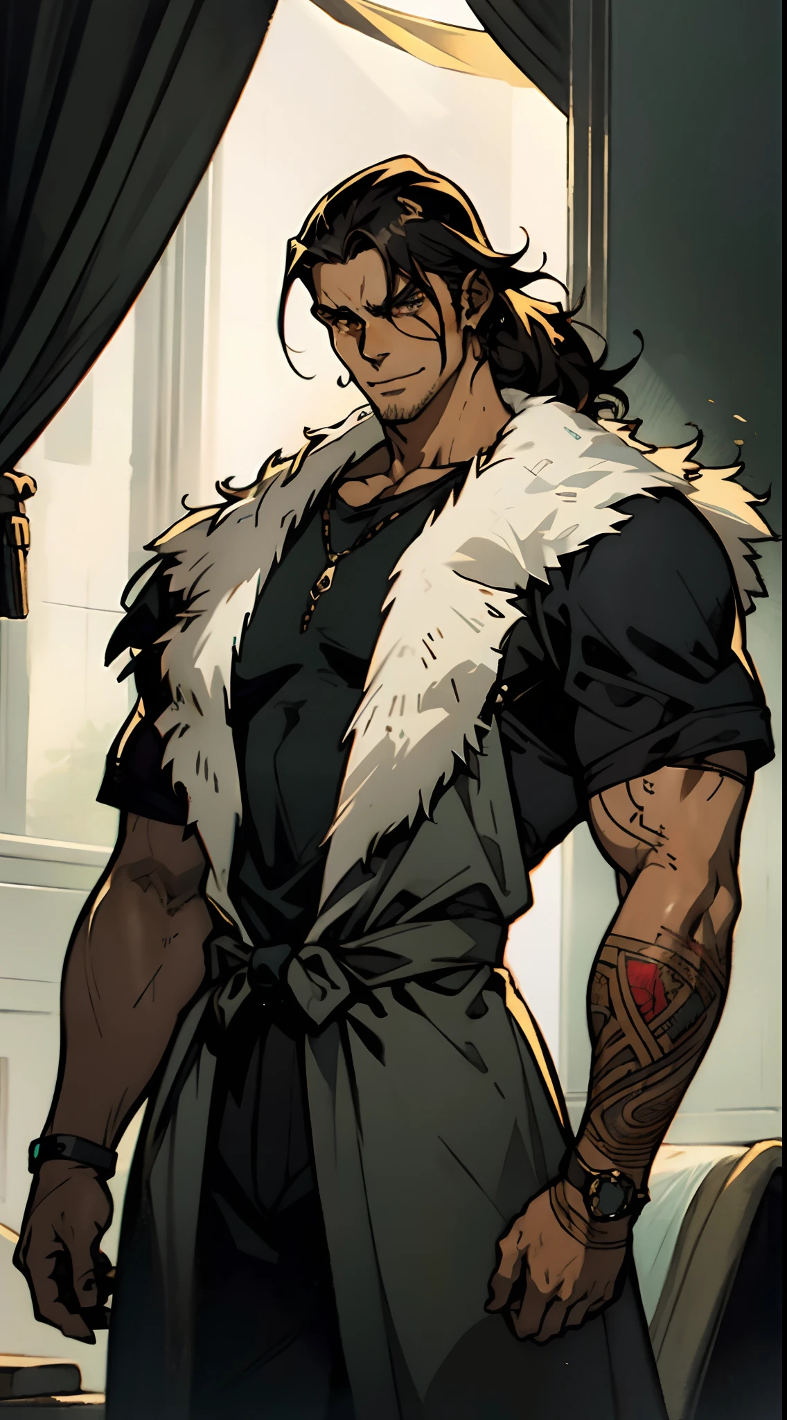 A middle-aged man of about 40, long hair in a striking red and black combination, wild and disheveled hairstyle, a fierce gaze, a confident smile, A lightning-shaped tattoo adorns his left face , a sturdy physique, a majestic fantasy-style coat with short sleeves, a form-fitting scale armor undershirt, Black fur shawl, wrist guards on his wrists, coarse cloth pants, e stands tall like a divine figure against a background of crumbling earth, with floating debris all around, this character embodies a finely crafted child with a fantasy-style dominant in anime style, characterized by an exquisite and mature manga illustration art style, high definition, best quality, highres, ultra-detailed, ultra-fine painting, extremely delicate, professional, anatomically correct, symmetrical face, extremely detailed eyes and face, high quality eyes, creativity, RAW photo, UHD, 8k, Natural light, cinematic lighting, masterpiece-anatomy-perfect, masterpiece:1.5