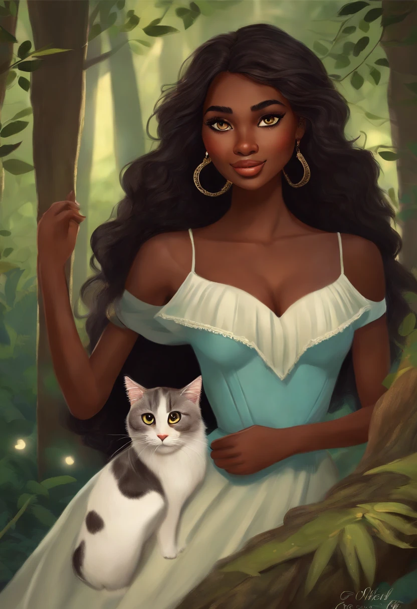 A dream girl inspired by Pixar Animation who is walking in the woods. The character is a Brazilian with dark skin, has long hair with bangs, brown eyes and hair, stands out with captivating facial expressions, offering a touch of unreality, is accompanied by two cats, one black and the other white.