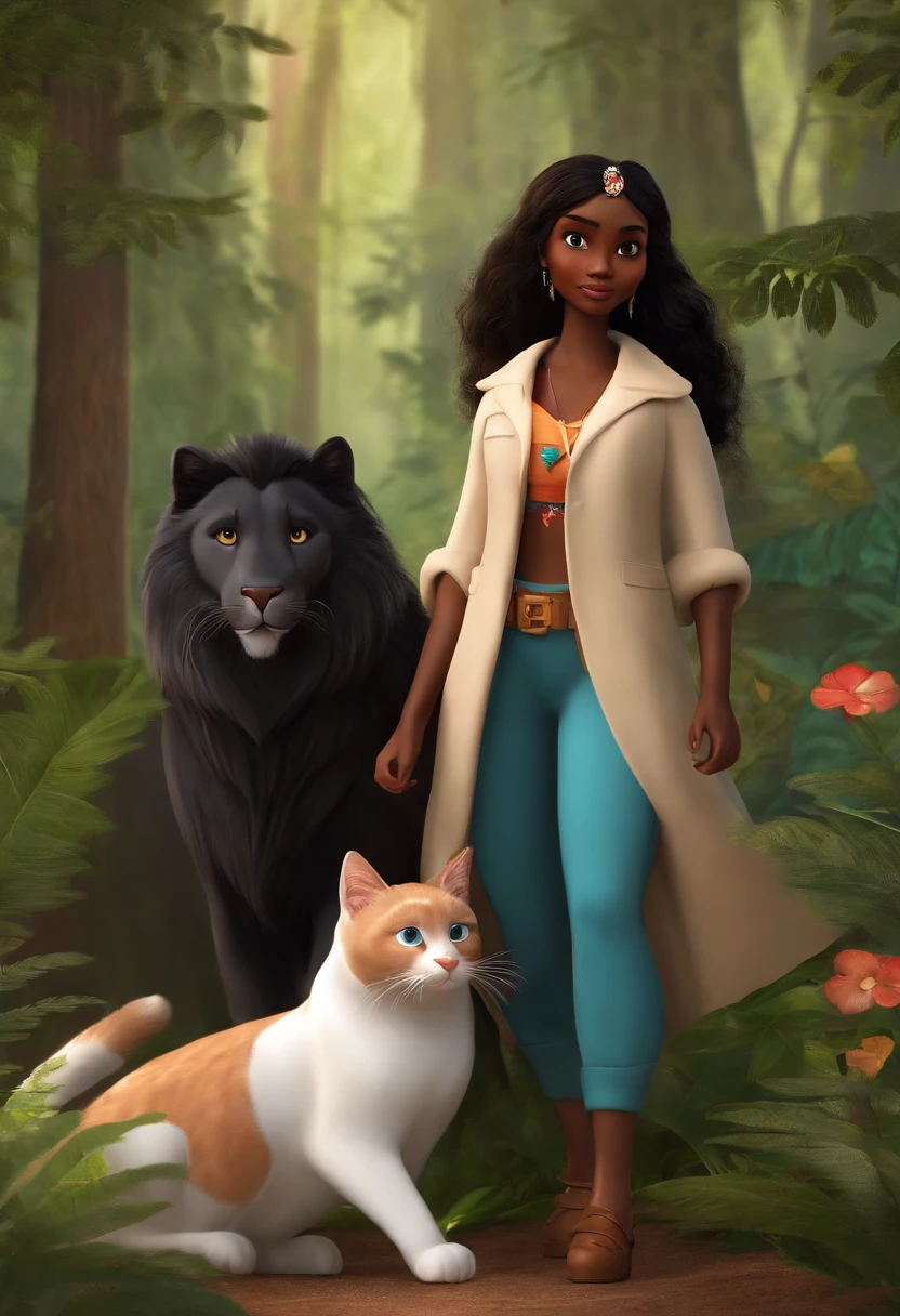 A dream girl inspired by Pixar Animation who is walking in the woods. The character is a Brazilian with dark skin, has long hair with bangs, brown eyes and hair, stands out with captivating facial expressions, offering a touch of unreality, is accompanied by two cats, one black and the other white.