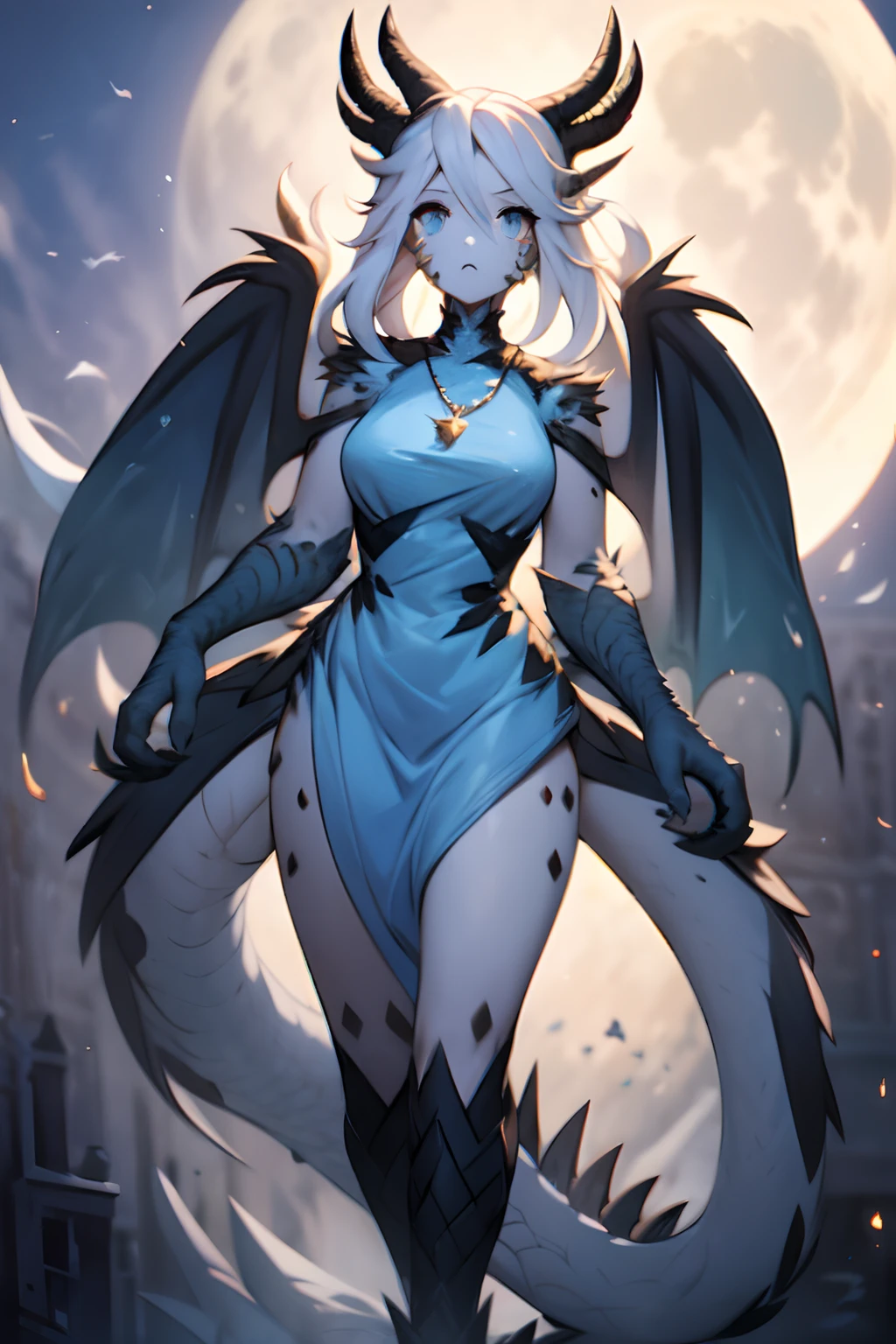 1woman, Highly detailed, white hair, asymmetrical hair, wavy hair, ornate dress, blue eyes, glowing eyes, feathered hair, blue gem necklace, [pale blue scales all over body], slender, angel wings, masterpiece, under the moon, [pale blue scales], scales on face, slender pale blue scales and claws on hands, slender dragon feet, face framed by the moon, only one dragon tail, pointed ears, very tall, 2 arms, 2 legs, 2 feathered wings