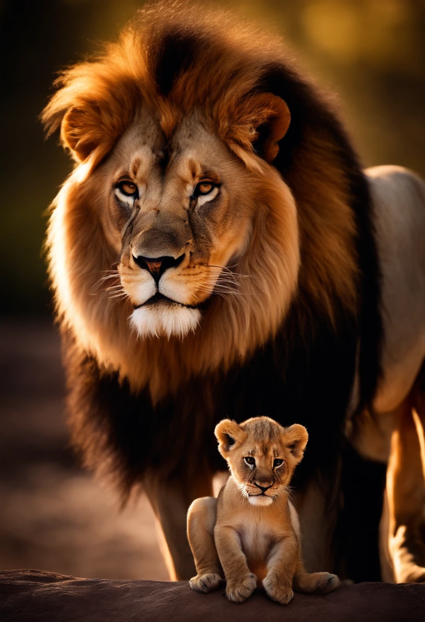 the Lion, Helping a elephant get out of a muddy hole. Make sure the lion and elephant are smiling and show a savannah environment around