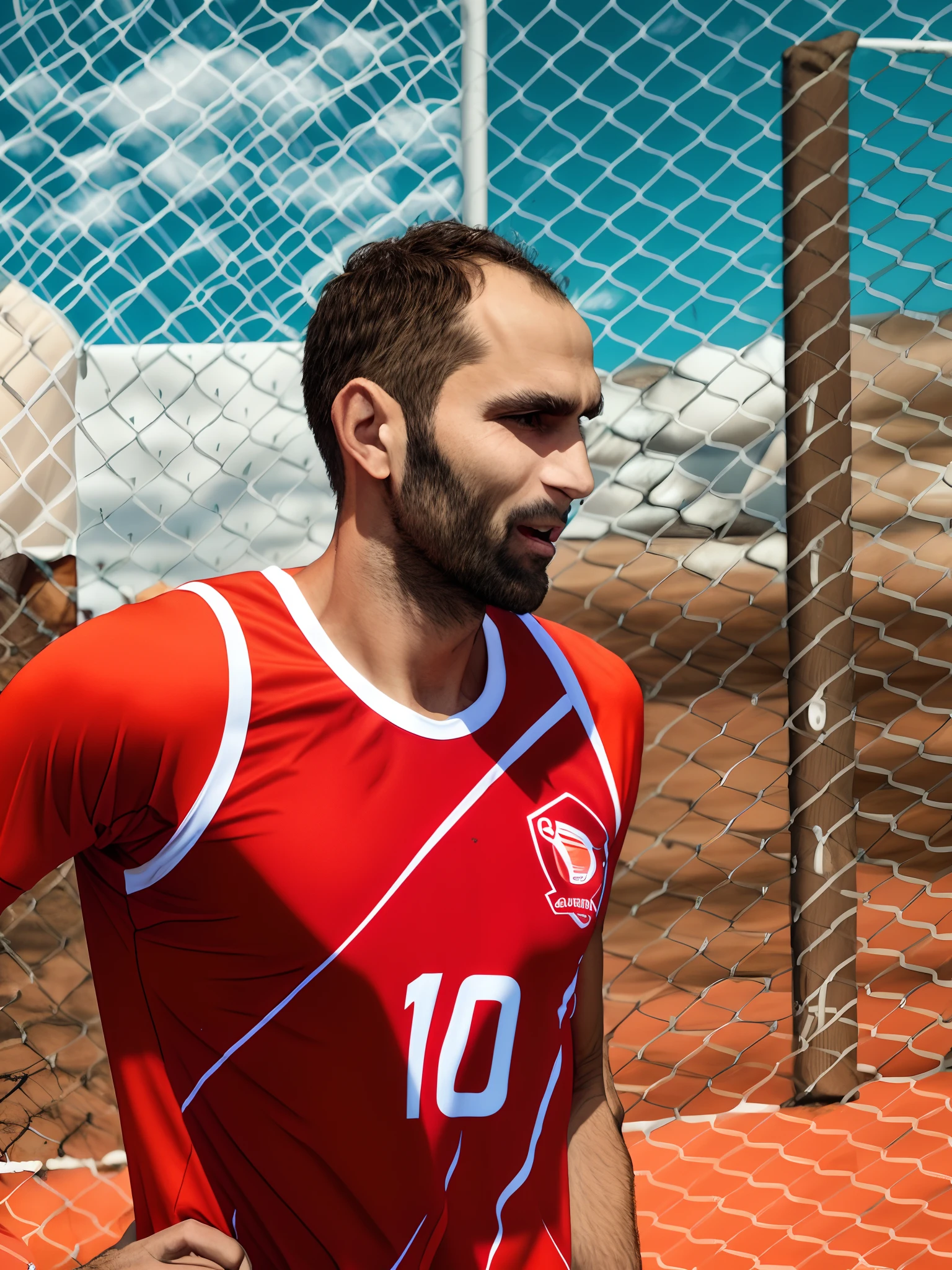 There is a man standing on a tennis court holding a tennis racket, wearing a volleyball jersey, Vitaly Bulgarov, diego fernandez, Christian Dimitrov, Cristi Balanescu, Mina Petrovic, Ivan Laliashvili, rinat voligamsi, Carmelo Blandino, Bogdan Rezunenko, Edon Guraziu