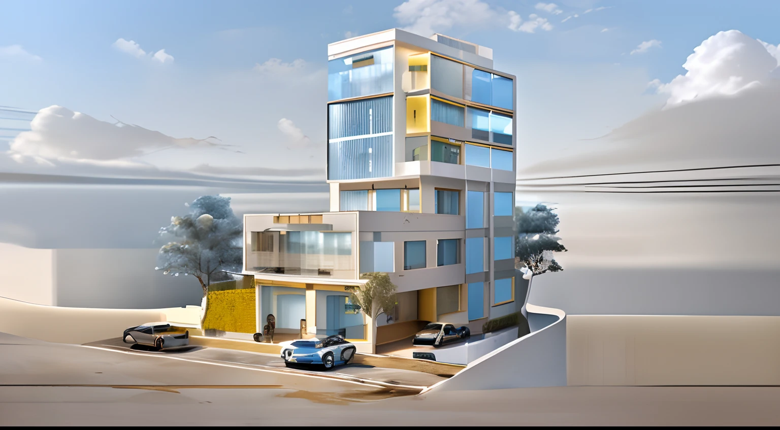 Beautiful clinic, white and yellow wall tones, clear blue sky, glass doors, clear blue glass frames reflecting the clouds, crowded roads...
