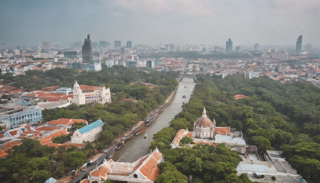 Design a photo of Ho Chi Minh City in Vietnam, including Land mark81, Bitexco Financial Tower, building, Notre Dame house, Ben Thanh market, transportation system, roads, trees, 1 bus, 1 tram, 1 car , sky greem