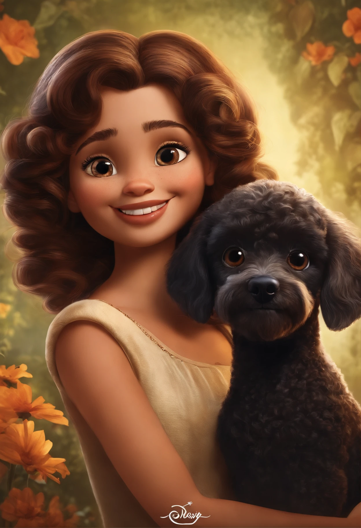 Create a poster inspired by Disney Pixar movies, apresentando um casal acompanhado por uma menina de altura mediana com cabelos castanhos escuros, Full lips and dark eyes and silly face together with brown poodle puppy girl, cachorrinho de pele bem cuidada com dentes caninos afiados e pontiagudos brincando. The poster is titled 'Lily' Digital art should be in the Pixar style, reminiscent of an animated feature.