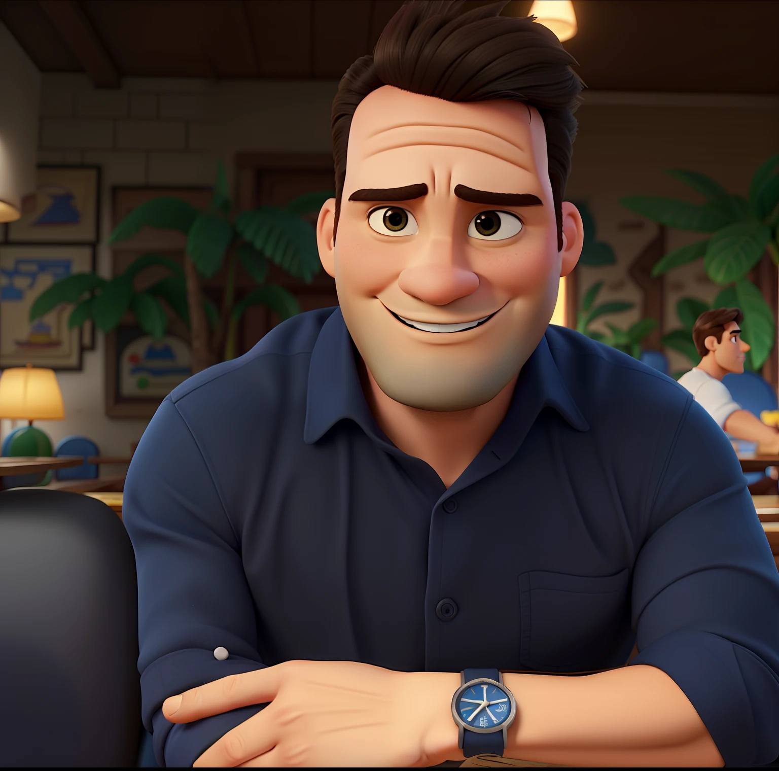 Poster no estilo Disney pixar, alta qualidade, melhor qualidade, homem sexy branco, 30 anos, musculoso, com fundo em um restaurante chique