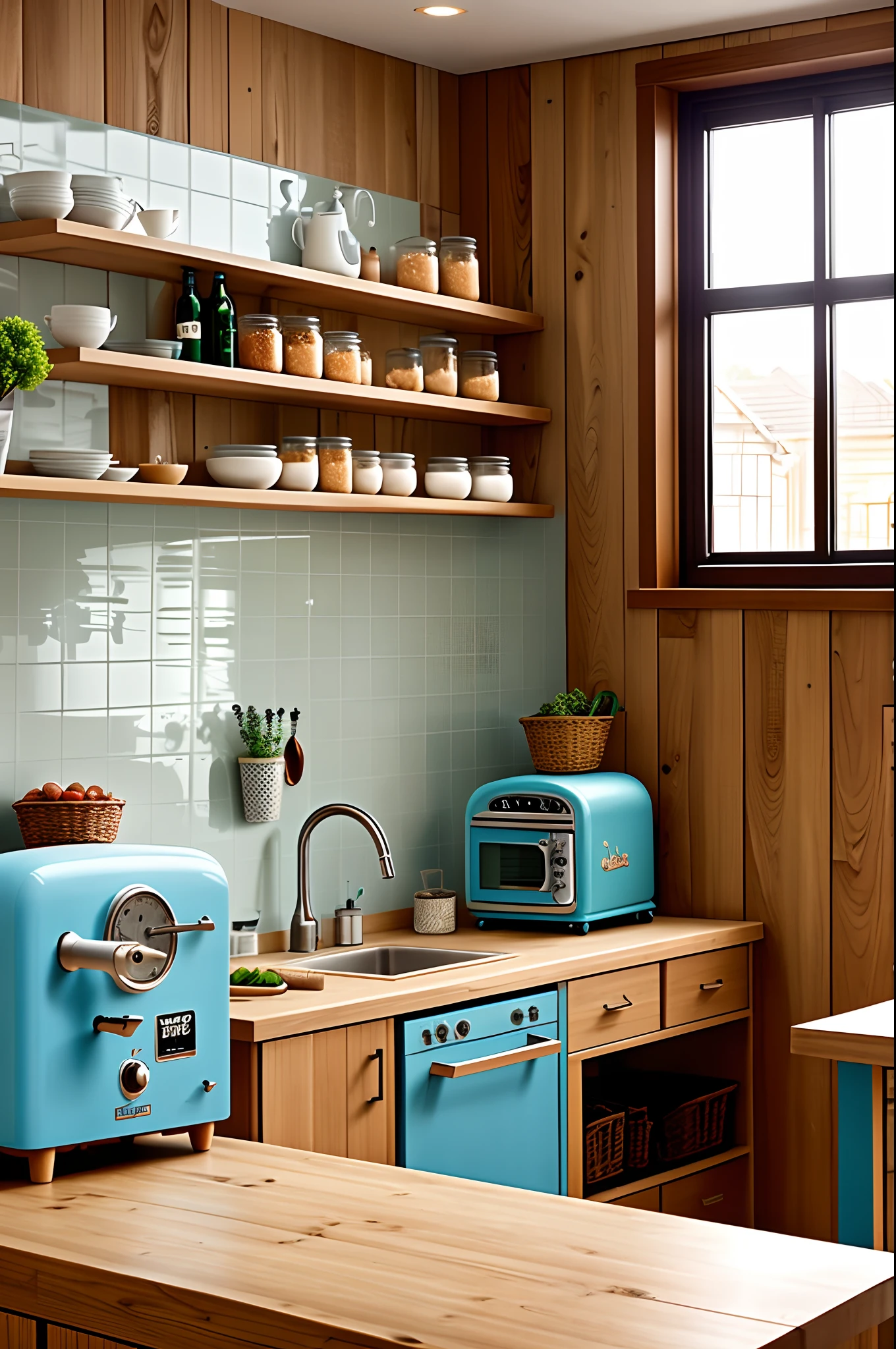 A Disney Pixar style man with a Smeg brand mixer baby blue color and a wooden counter and background an affective kitchen with a window to a beautiful garden.