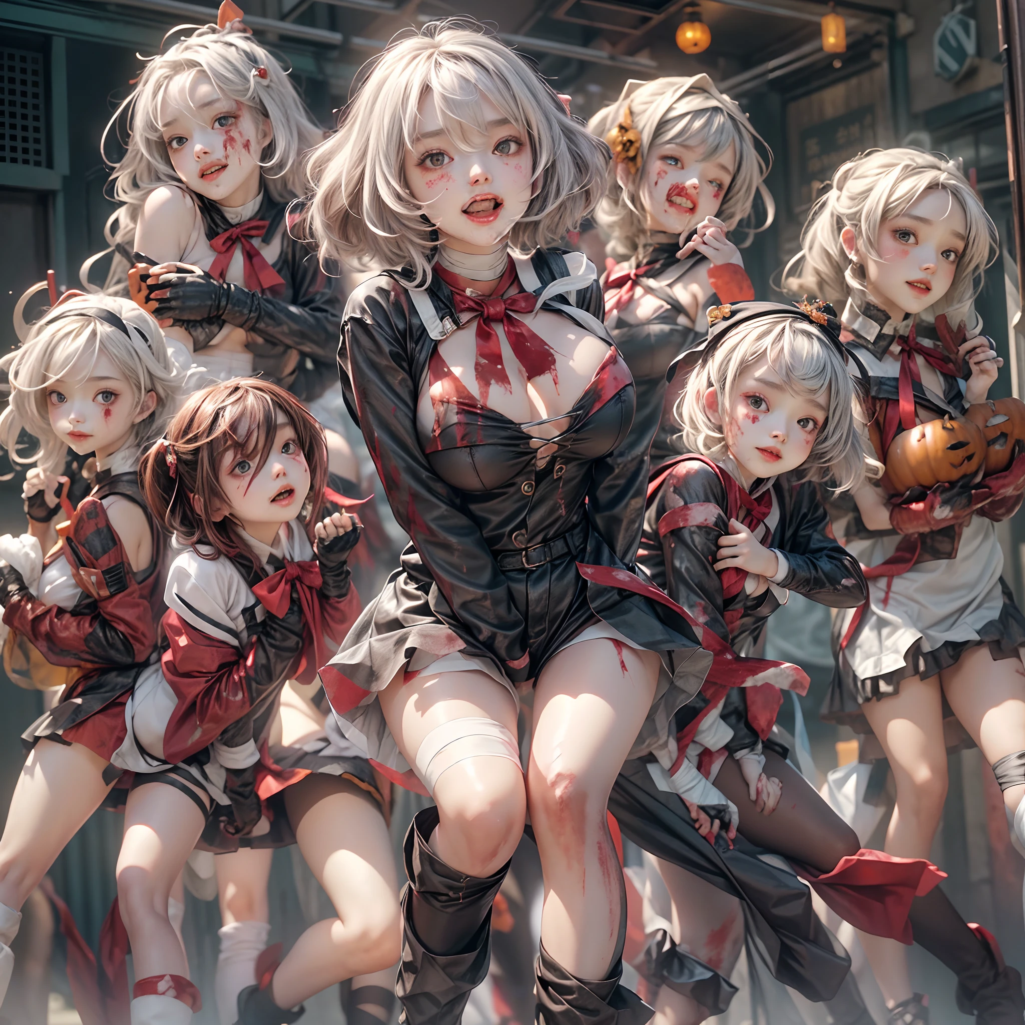 (((SFW, NSFW STILL SHOW, 12 Tiny Girls in a row:1.2, Shibuya Hachiko-mae scramble crossing on Halloween:1.2))), ((masterpiece:1.2, best quality, photorealistic:1.37)), { (Standing Full Body:1.2)|(from below:1.2) }, { bandaged full body | torn Cut-off Sailor Uniform:1.2 }, { bandaged head | bandaged limbs | (( bleeding from pussy )) }, {((naked bandage))|metallic red nipple stickers}, {(bloody)|blood paste|(Blood-stained bandages| bloody inner thighs)}, ((Detailed KAWAII face, Detailed glistening ivory skin)), {Bustling street|Crossroads|(Passerby schoolgirls)| halloween| neon}, {(Childish:1.2|Gigantic Cleavage:1.37|Underboob:1.2)}, {Red leather high collar| Hair ornaments |shotgun|random hair colors}, {Floating hair|Strong wind|(((Ass focus, open thighs)))| (flying magic) | (Skirtlift)}, {(Kissing face to face)|:p|:d|laugh|sparkle|joyful|delighted|Drunk},extremely Detailed,