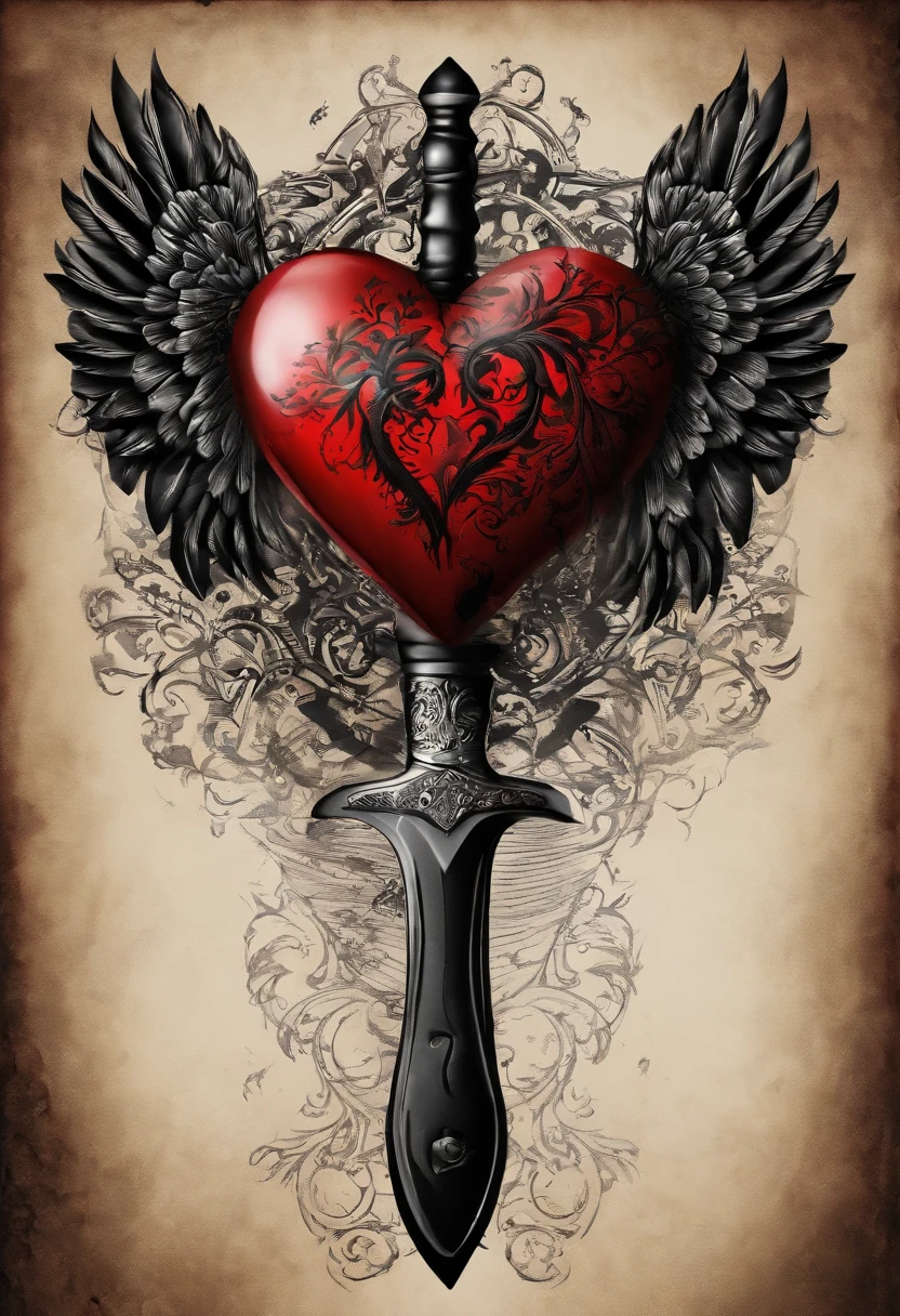 Black and red tattoo with a winged heart and a knife behind the broken heart vintage style