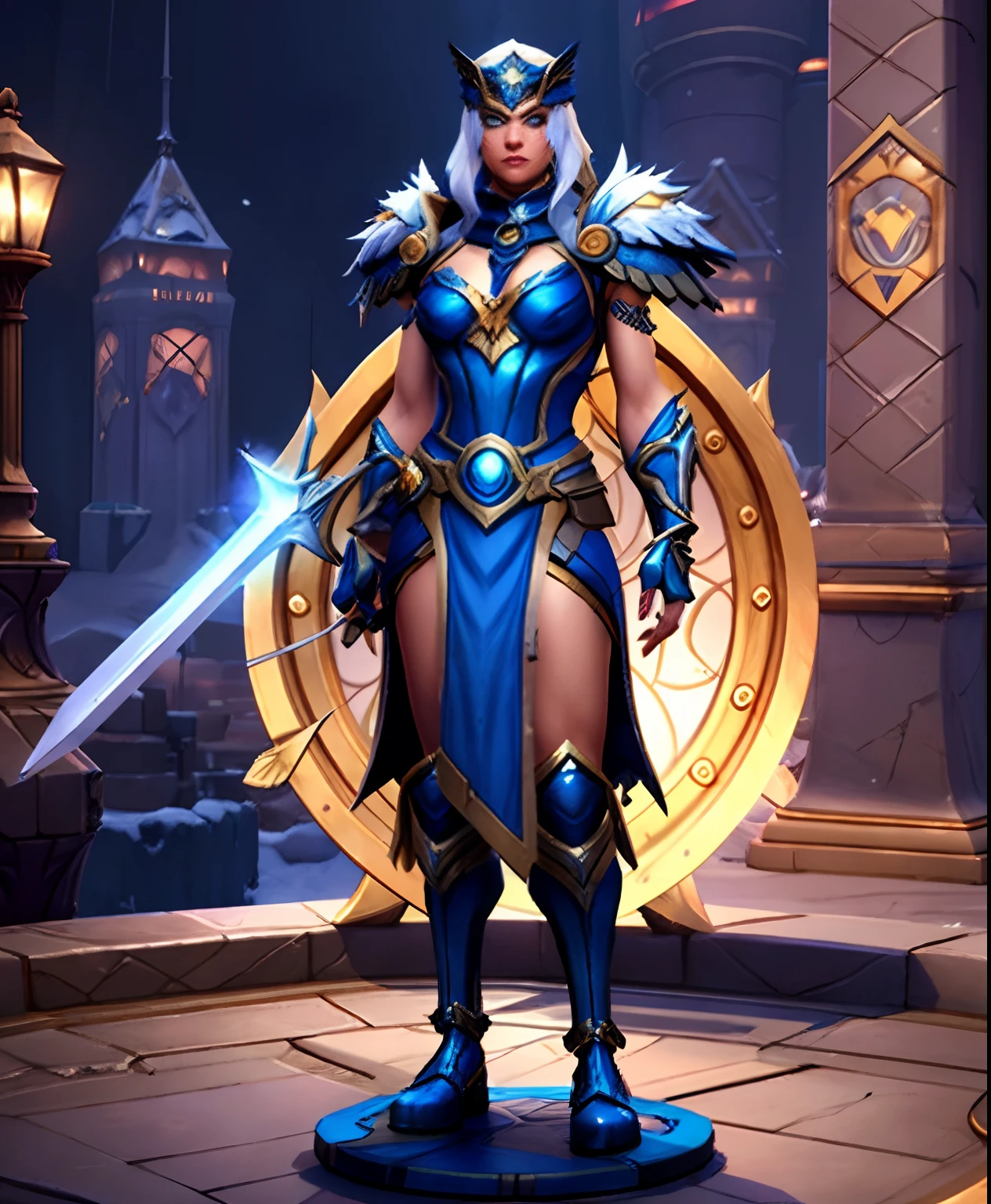 Close-up of a woman in armor holding a sword standing on a circular platform pedestal, Riot game concept art, valkyrie style character, ice sorceress