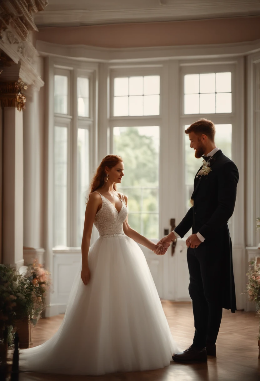 Beautiful tall redhead bride in standing wedding dress with short handsome groom in tuxedo at wedding ceremony, Groom only reaches the height of the bride's shoulder, belos olhos detalhados,beautiful detailed lips,olhos e rosto extremamente detalhados,long eyelashes, (best quality,4k,8k,Altas,master part:1.2), ultra-detalhado, (Realistic,fotorrealista,photo-realistic:1.37), HDR, UHD, studio lighting, pintura ultrafina, foco nítido, Physically-based rendering, Detalhe extremo, profissional, vivid colors, Bokeh, pintura digital