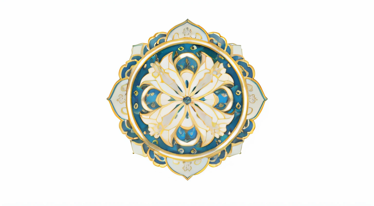 There is a decorative blue and yellow brooch with a floral design, Beautiful Moorish ornaments, persian design, Classic decorative design, intricate ornament, symmetrical design, Gorgeous floral design, circular design, flower pattern, hyper detailed ornament, elaborate geometric ornament, The decorative aesthetic is intricate, ornate floral, Symmetrical decoration, ornate decoration, islamic art, intricatedesign, opulent