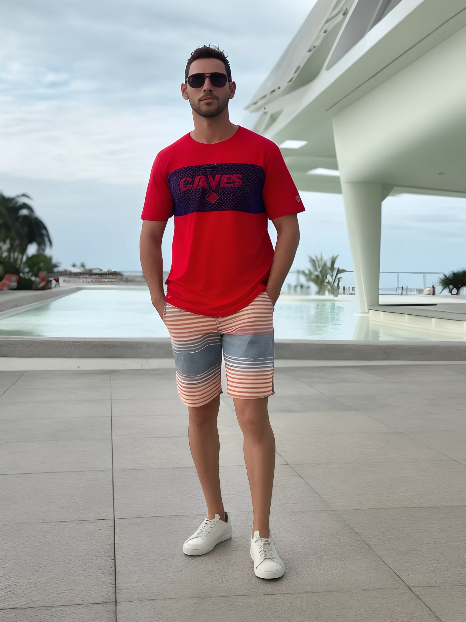 Man in red shirt and blue shorts standing in front of a fountain, caio santos, icaro carvalho, vestindo shorts vermelhos, Camilo GC, vestindo bermuda e camiseta, Carmelo Blandino, colorido com tons vermelhos, pele bronzeada uma camiseta e shorts, Cores do Miami Heat, cores brilhantes com tons vermelhos