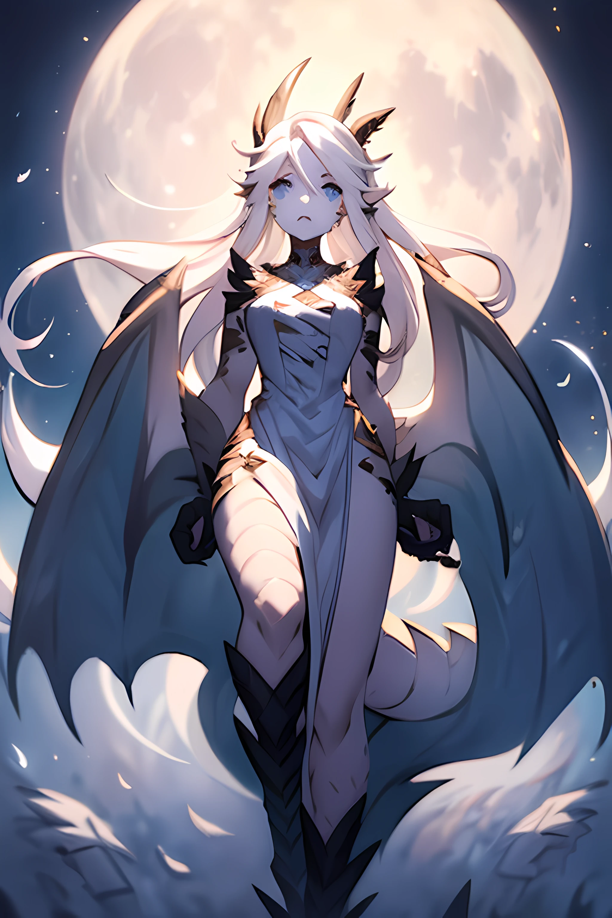 1woman, Highly detailed, white hair, asymmetrical hair, wavy hair, ornate dress, blue eyes, glowing eyes, feathered hair, [pale blue scales all over body], slender, angel wings, masterpiece, under the moon, [pale blue scales], scales on face, slender pale blue scales and claws on hands, slender dragon feet, face framed by the moon, only 1 pale blue scaled tail, pointed ears, very tall, 2 arms, 2 legs, 2 feathered wings