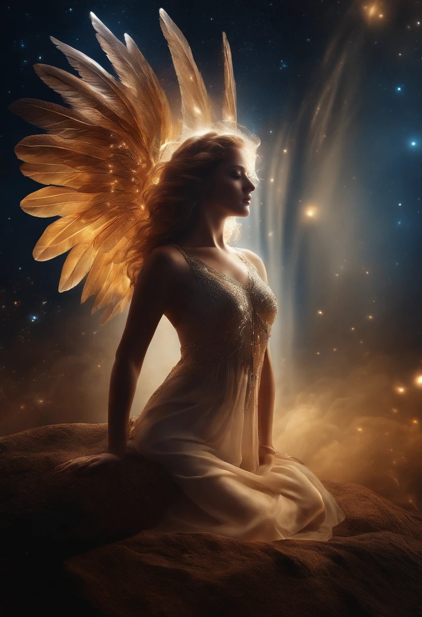 cosmic fallen angel, olhos claros brilhantes, Biomechanicals, estranho, assustador, Pesadelo, cores muito brilhantes, light particles, com luz brilhante, Mshiff, Arte do papel de parede, Papel de parede UHD