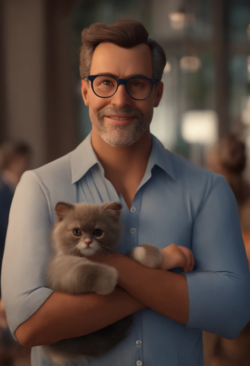 Homem 40 anos, cabelos castanhos curtos baixo e meio arrepiado, olhos castanhos, long eyeslashes, sorriso discreto, camisa azul claro, Dress pants, Prescription Glasses, inspired by Pixar animation, de perto. The character takes center stage with captivating facial expressions, oferecendo um toque de irrealidade